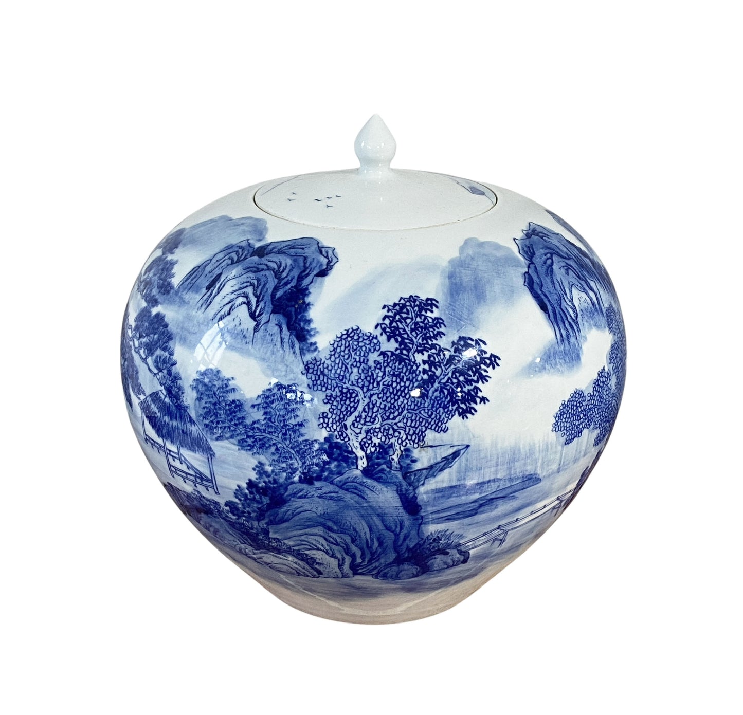#6761 Vintage Chinoiserie B & W Porcelain Ginger Jar W/Scenery 12" H