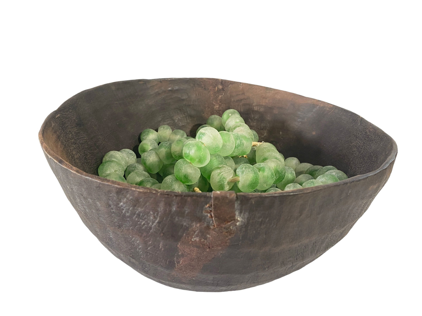 #7129 African Hausa Wooden Bowl From Niger W/Glass Beads 13.5"H