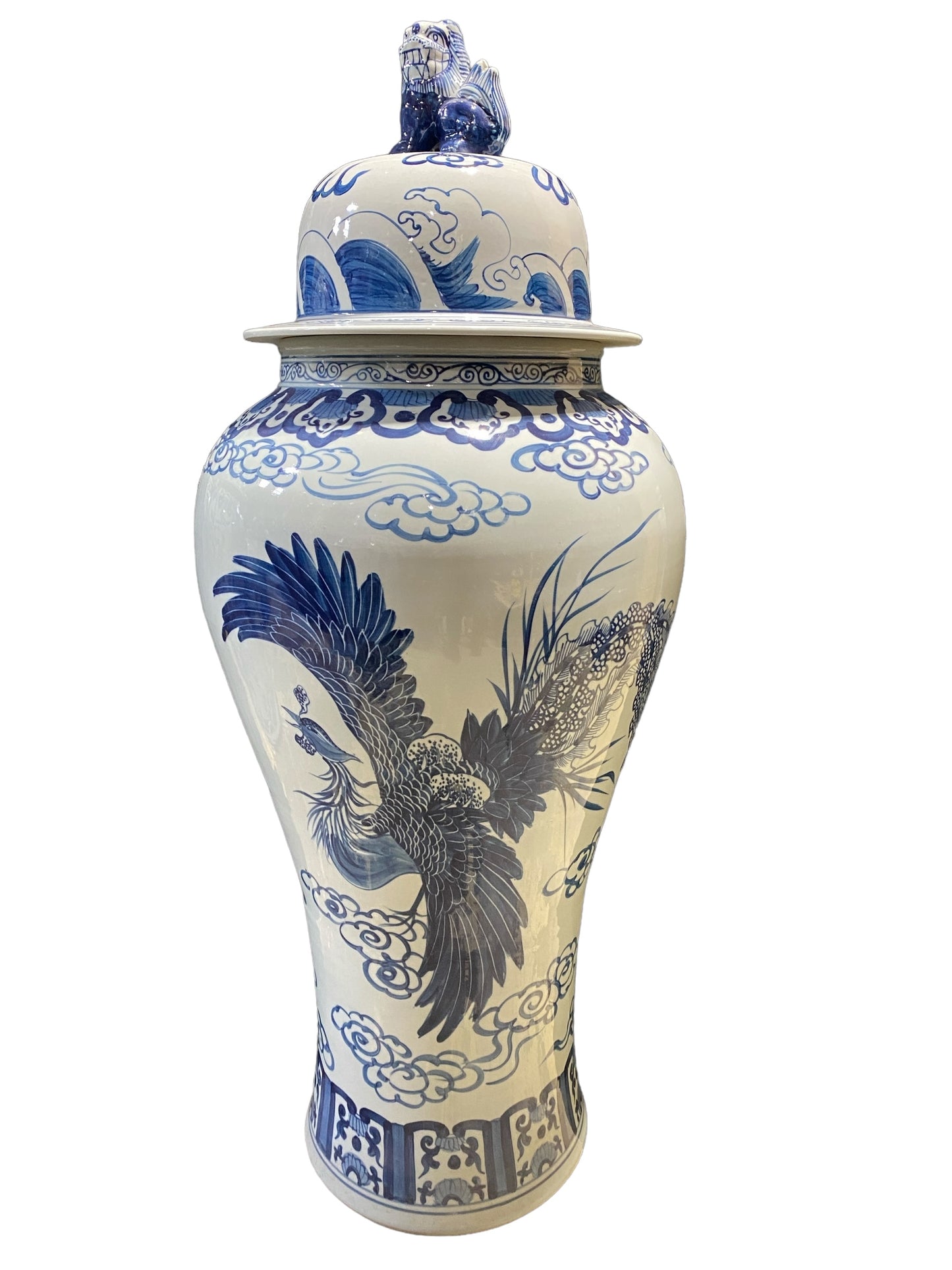 #7205 Mansion Size Chinoiserie Ginger Peacocks Jar 44" H