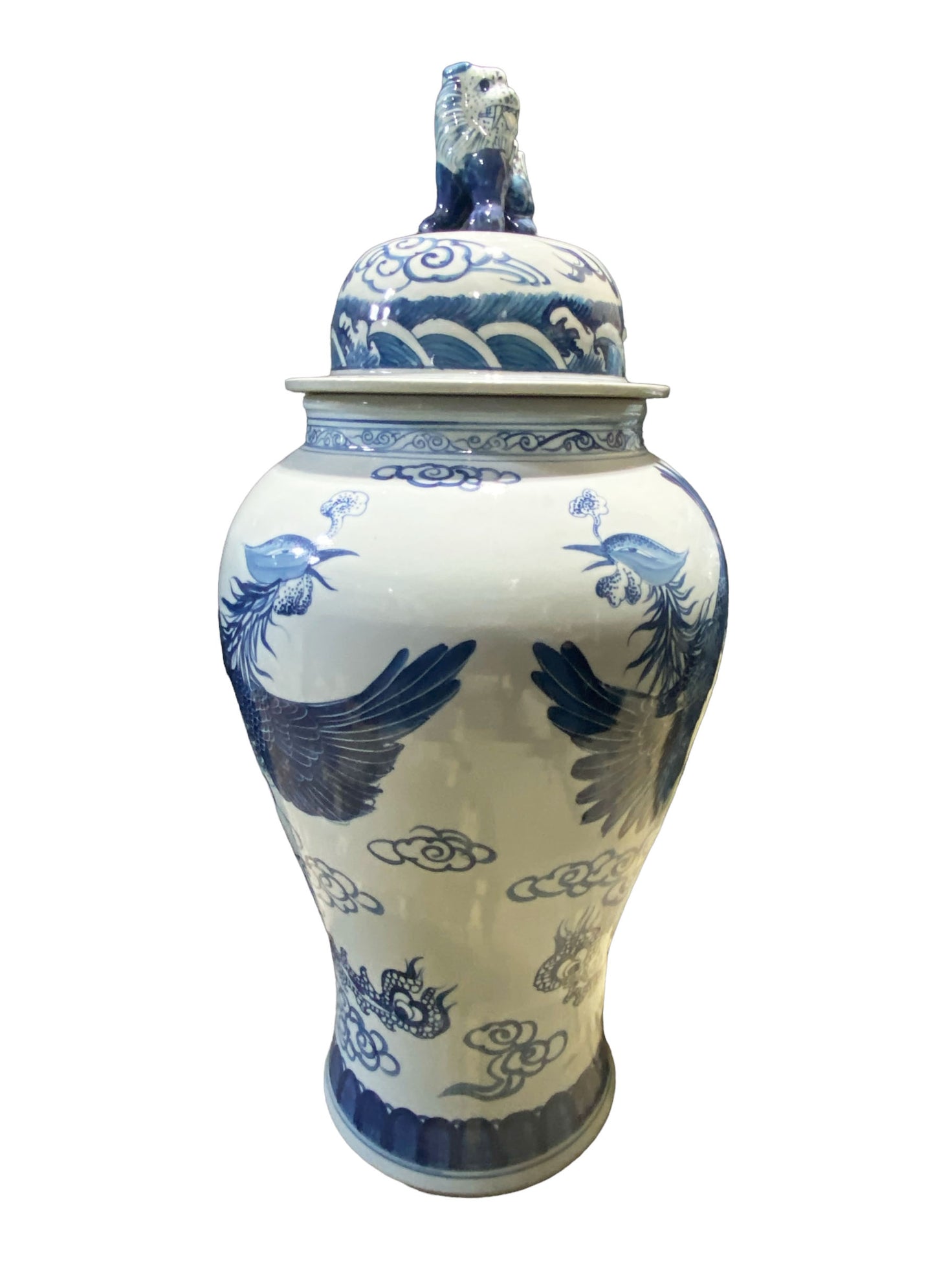 #7198 Large Chinoiserie Porcelain Ginger Peacocks Jar 37" H
