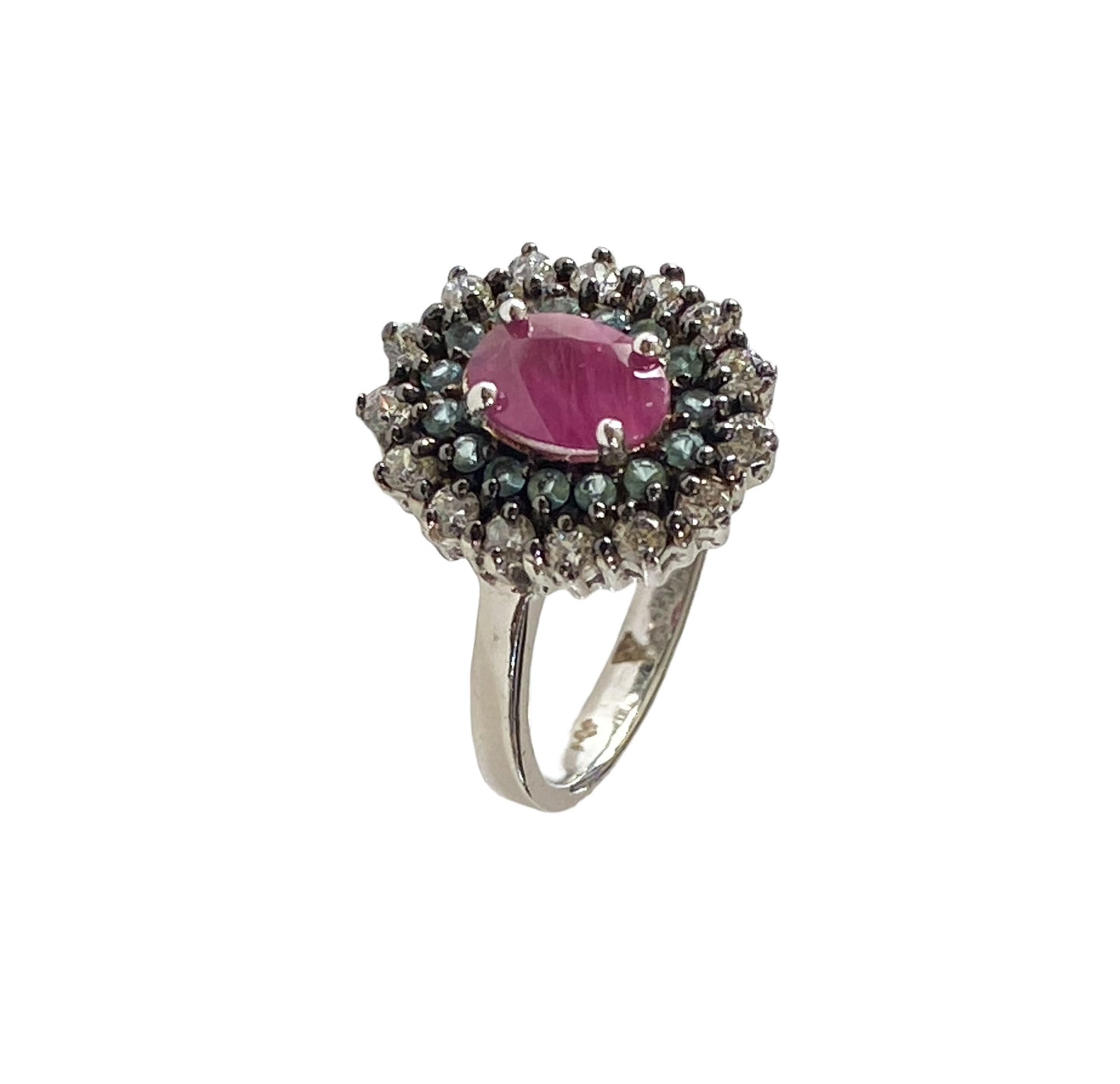 ##7253 Sterling Silver Ring With Rubi and Glass Aquamarine Diamond Stones Size 5