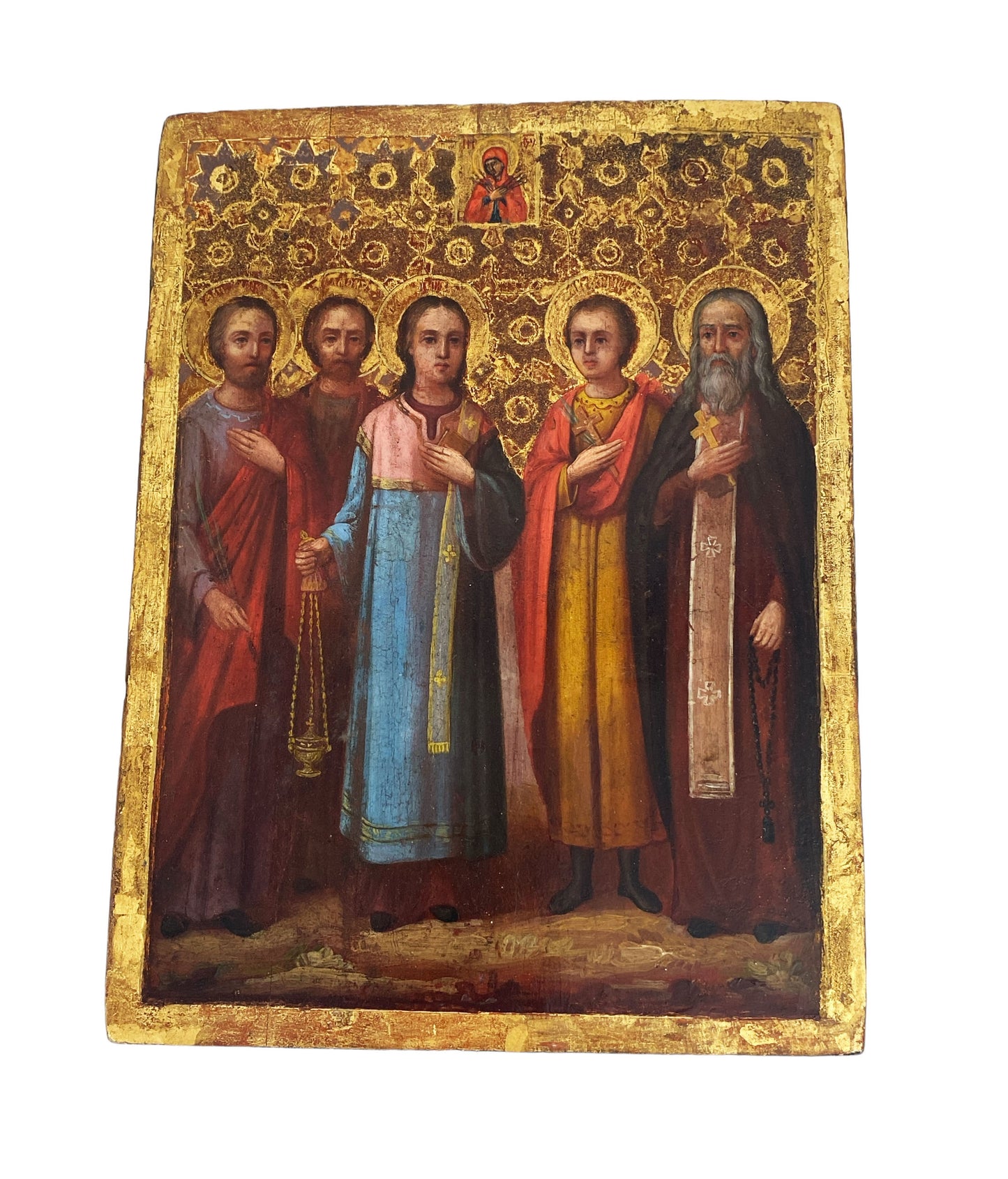 #6131 Antique Russian Icon Of Five Saints and the mother of God 9" H