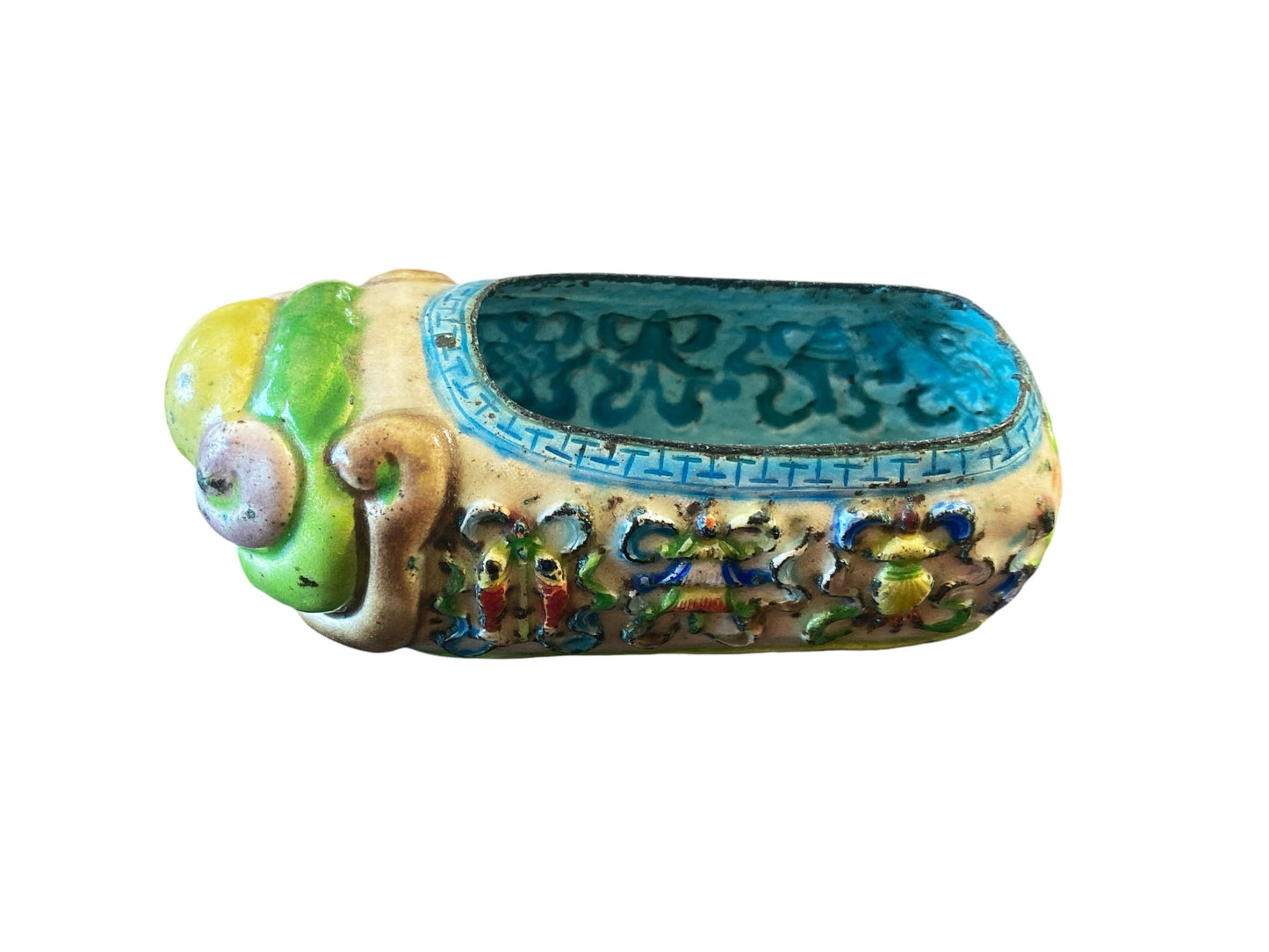 #6181 Antique Chinoiserie Colorful Enamels On Brass Mini Shoe 3.5" W