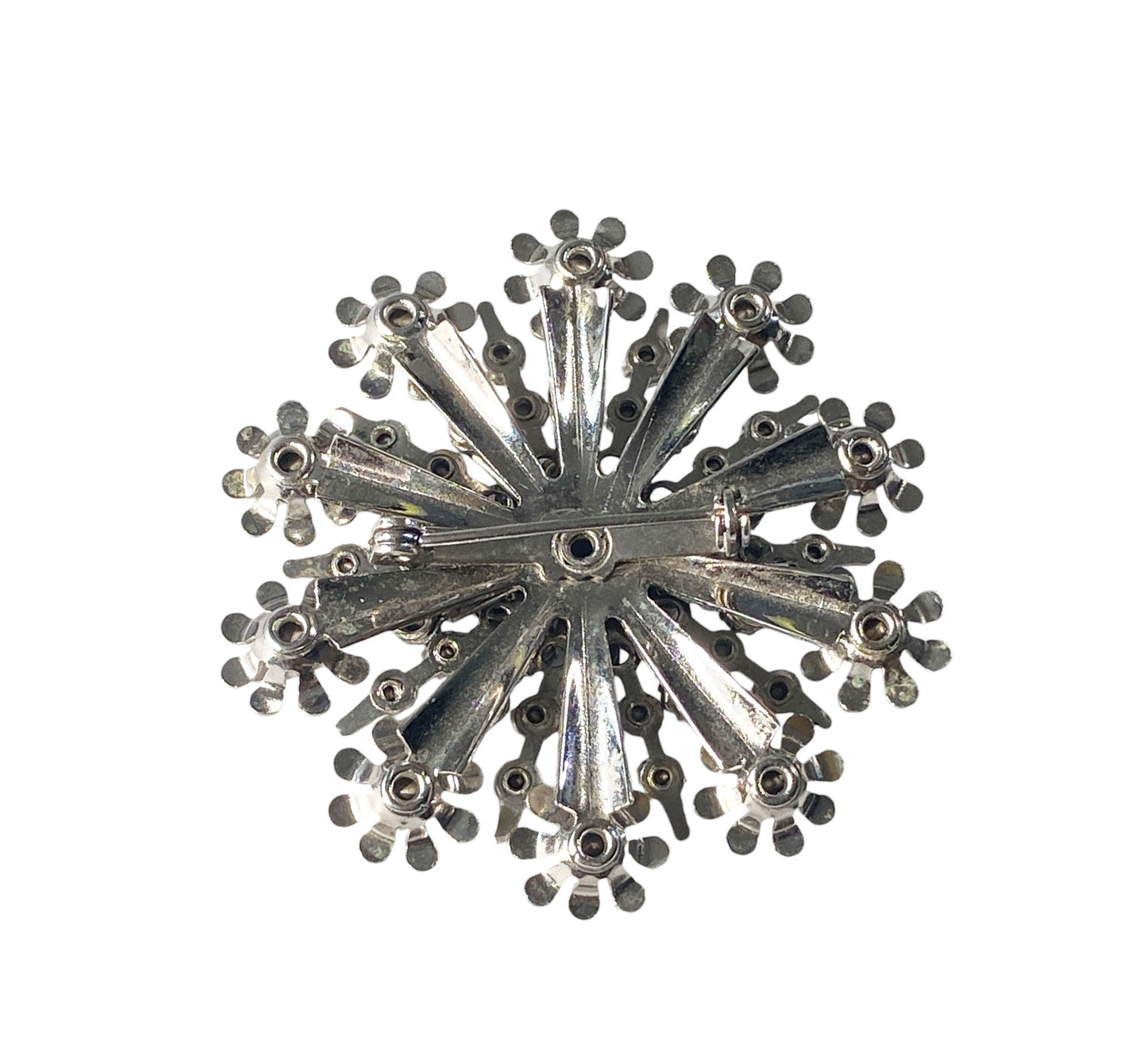 #6280 Vintage Silver Tone Diamanté Clear Rhinestone Starburst Snowflake Pin Brooch