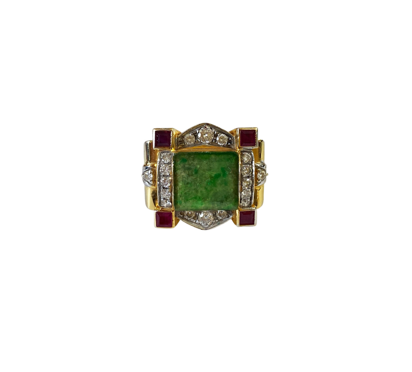 #6281 Art Deco 22K Gold ring w/jade /ruby/Diamond size 7