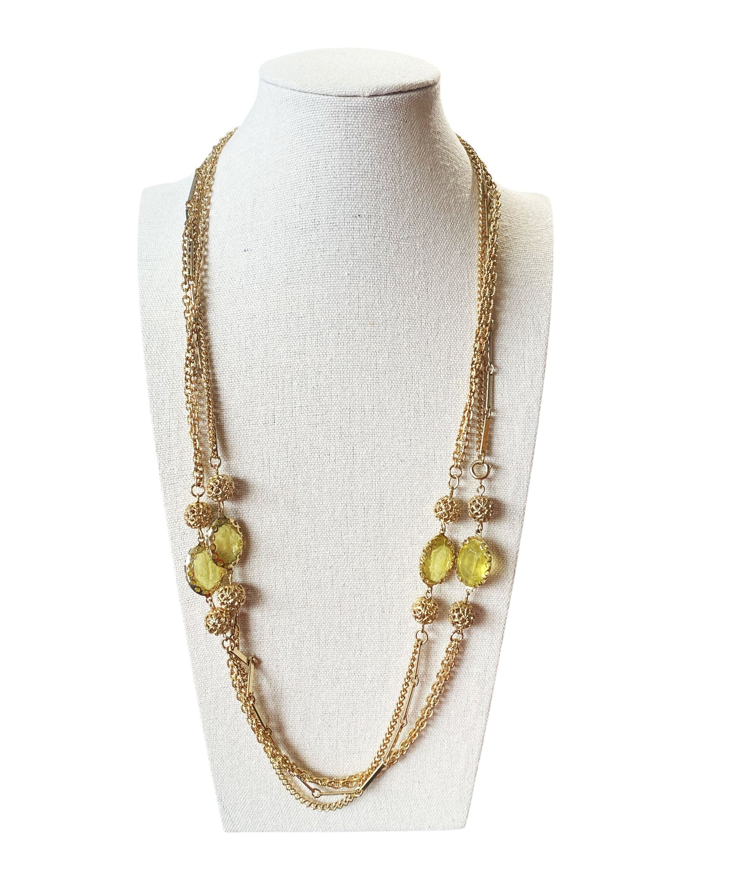 #6392 Vintage Gold tone and Greens Faux Citrine Long Necklace 26" H