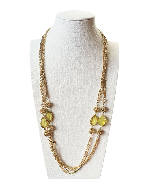 #6392 Vintage Gold tone and Greens Faux Citrine Long Necklace 26" H