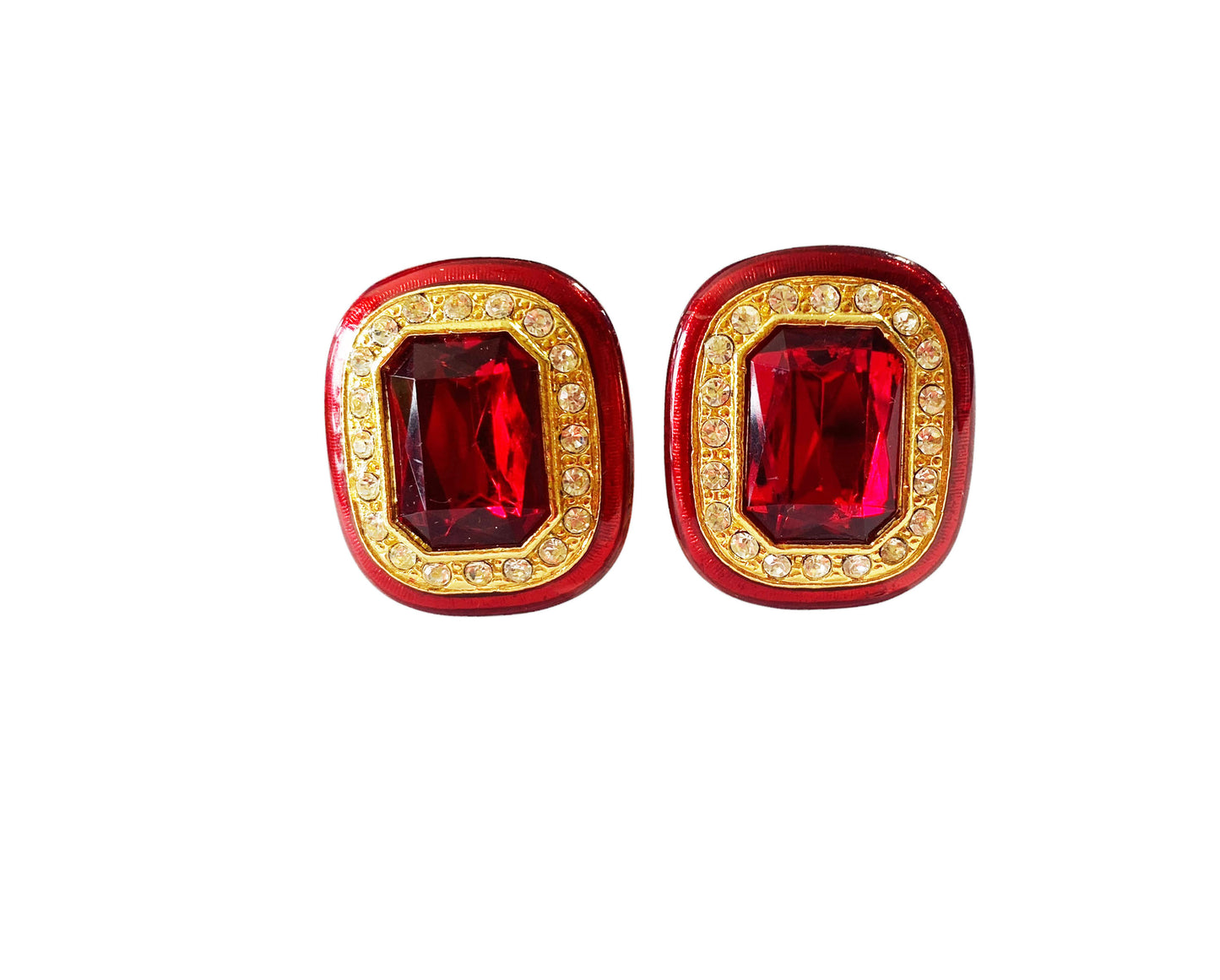 #6393 Vintage Red Enamel And Faux Ruby /Clear Rhinestone Clip on Earrings