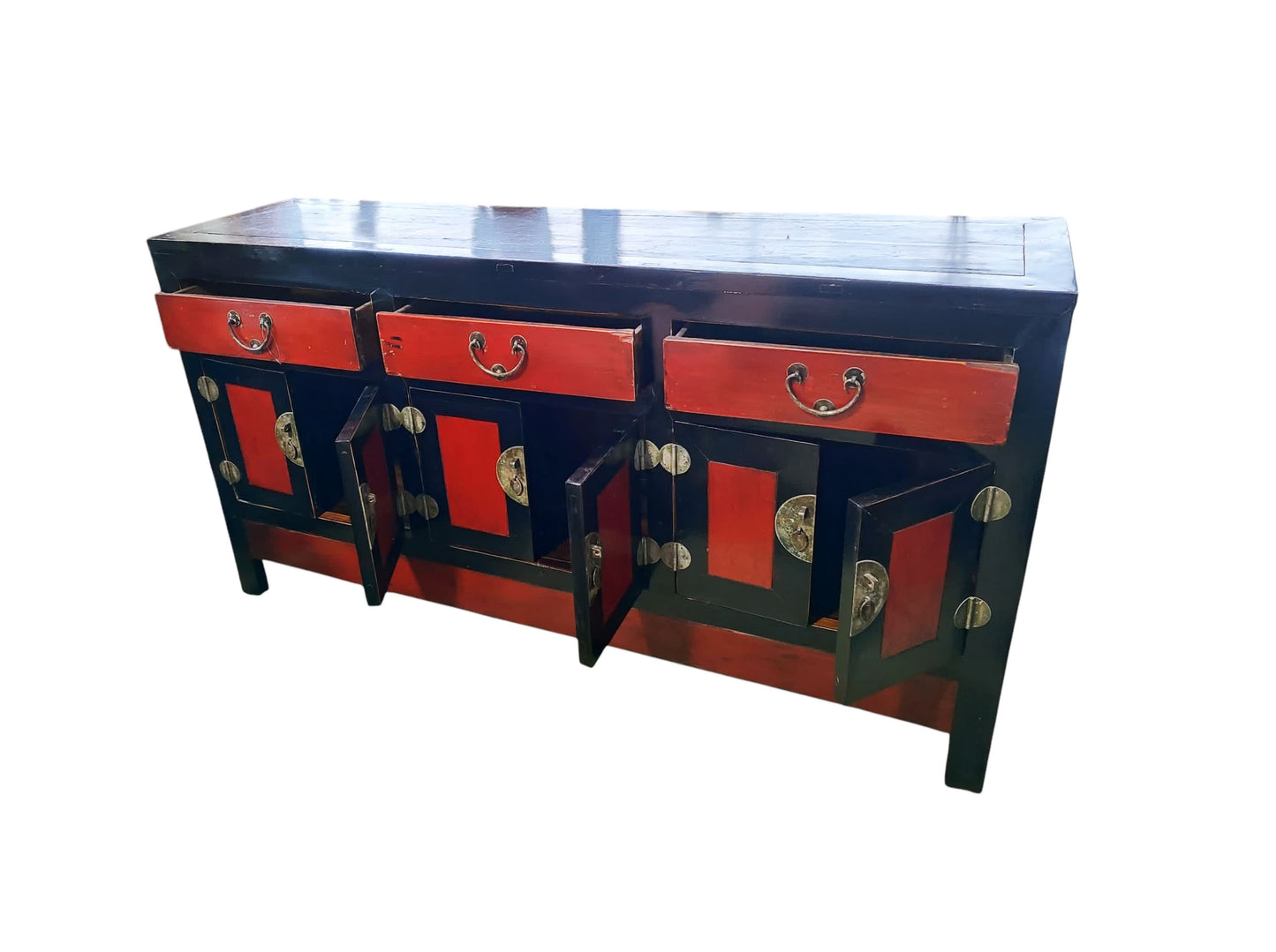 #6461 Vintage Mongolian Hand painted Elm Wood Cabinet W/ Six Doors