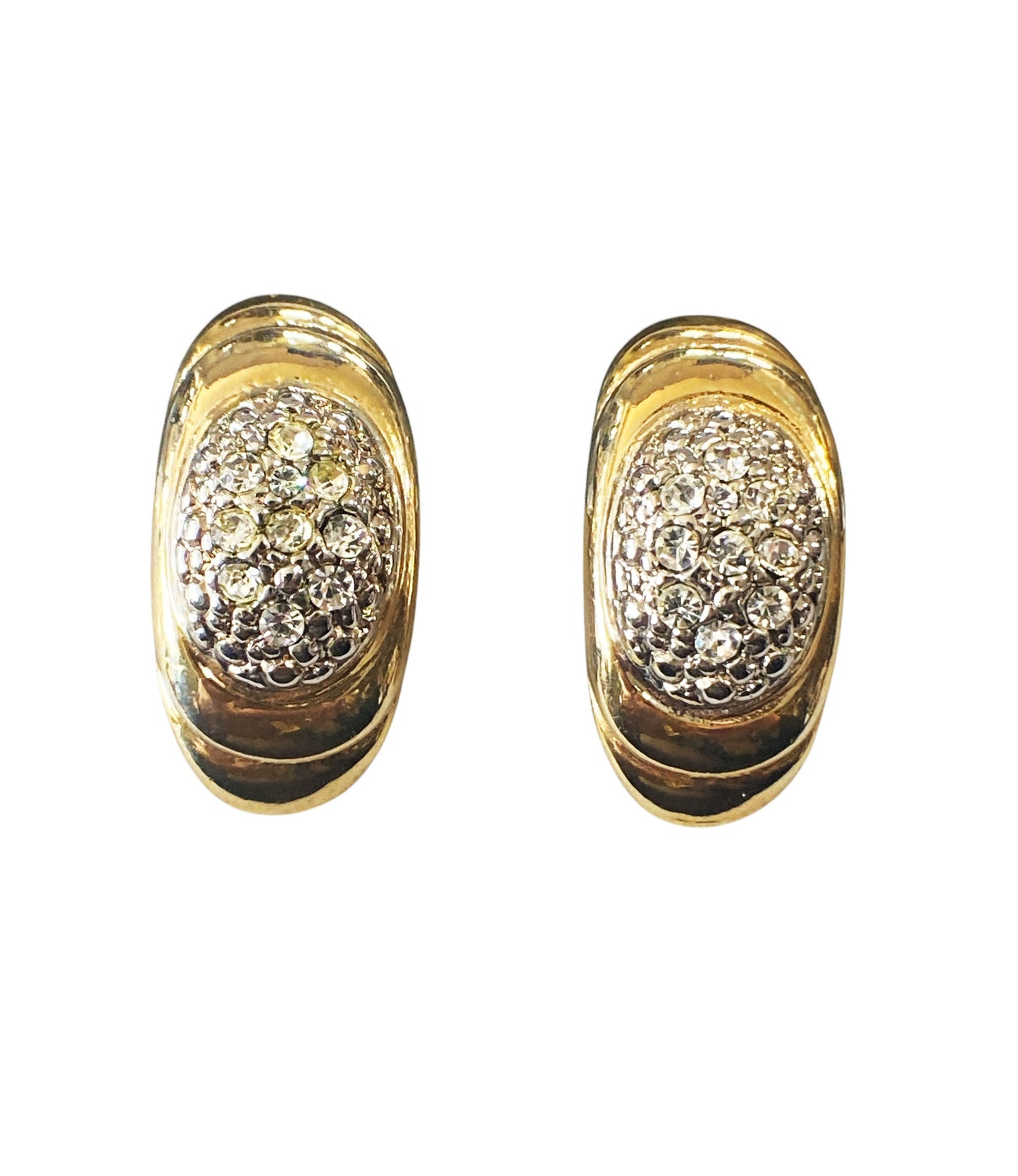 #6396 Vintage Gold Tone W/Shimmering Glass Diamonds Clips Earrings