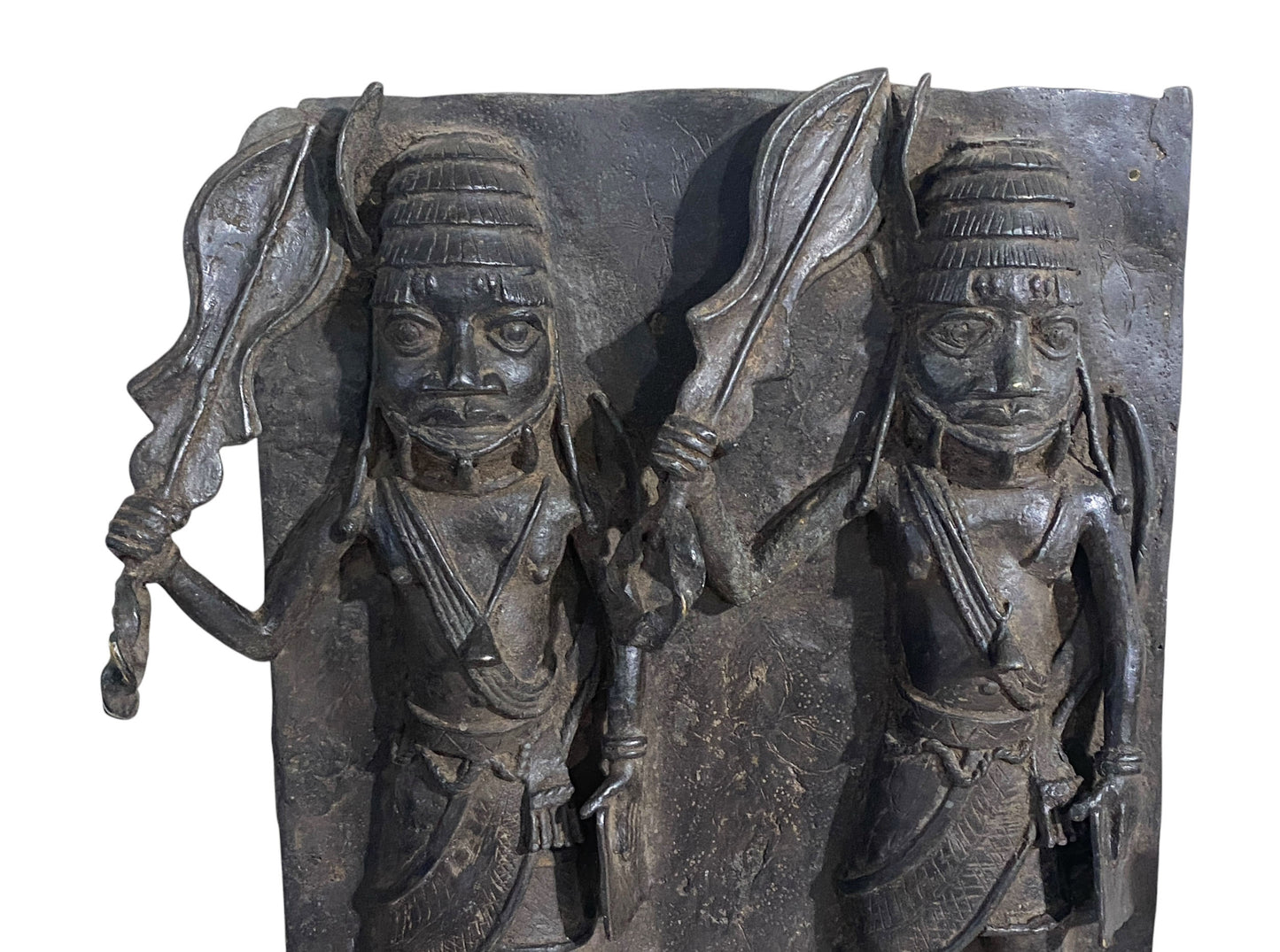 #3877 Vintage  Large African Benin Bronze Plaque W/ Warriors 18.25" H