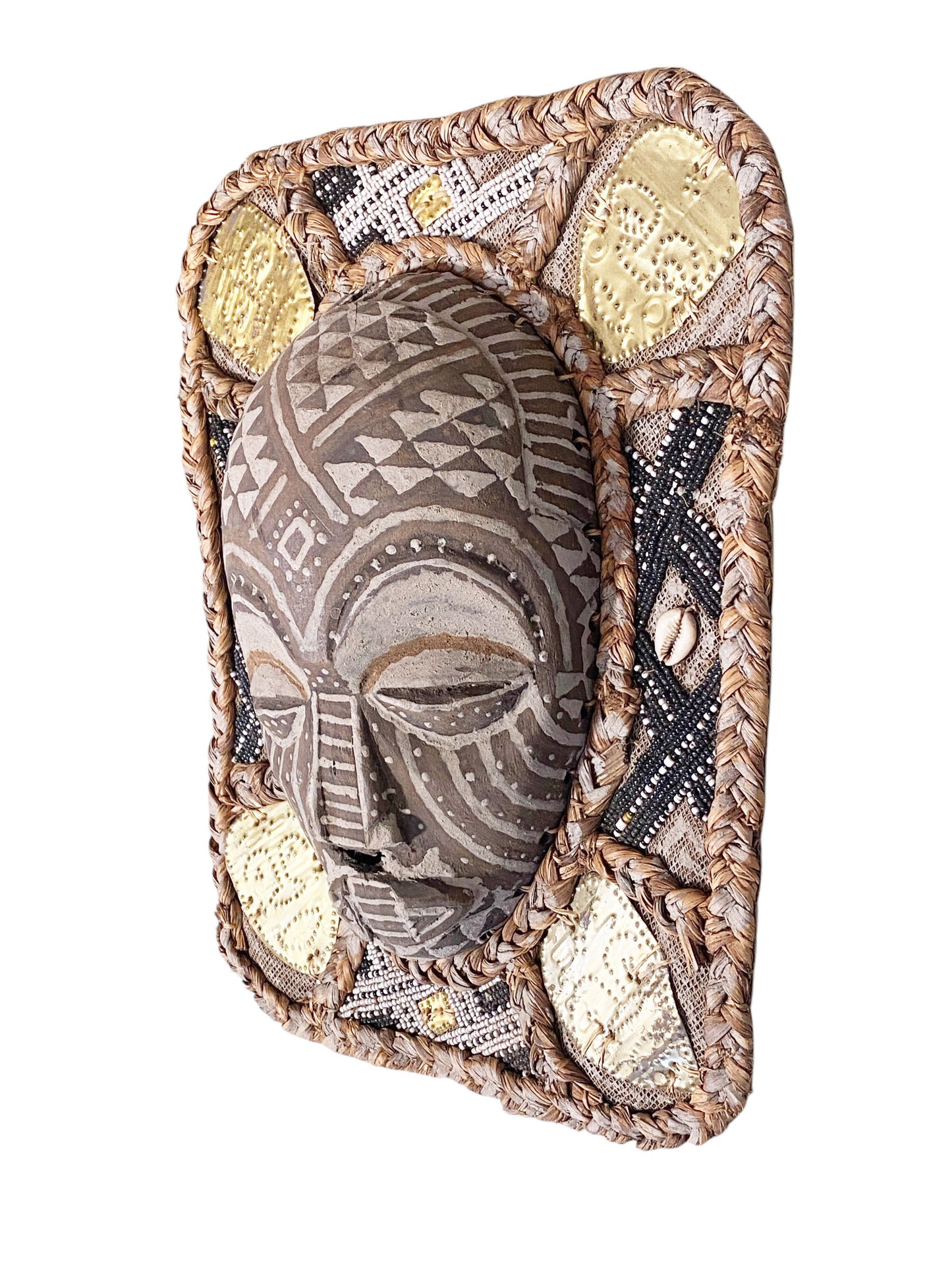 #6806 Vintage African Art Hand Carved Beaded Kuba Mask 13.5" H