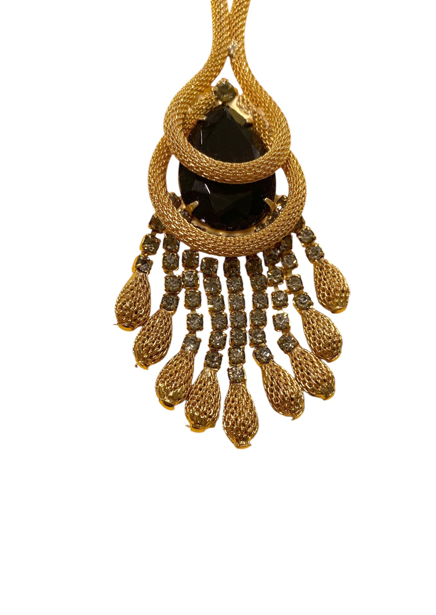 #14 Vintage Gold-tone Mesh Chain W/Black Faceted Pendant Stone Necklace