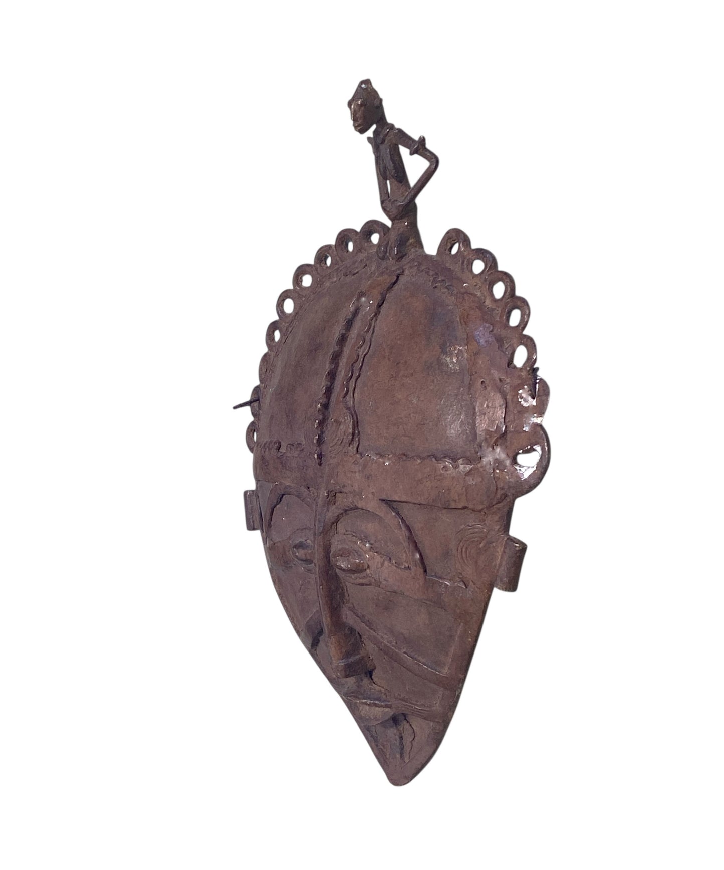 #3410 Vintage African Dogon Bronze Mask Mali 13" H