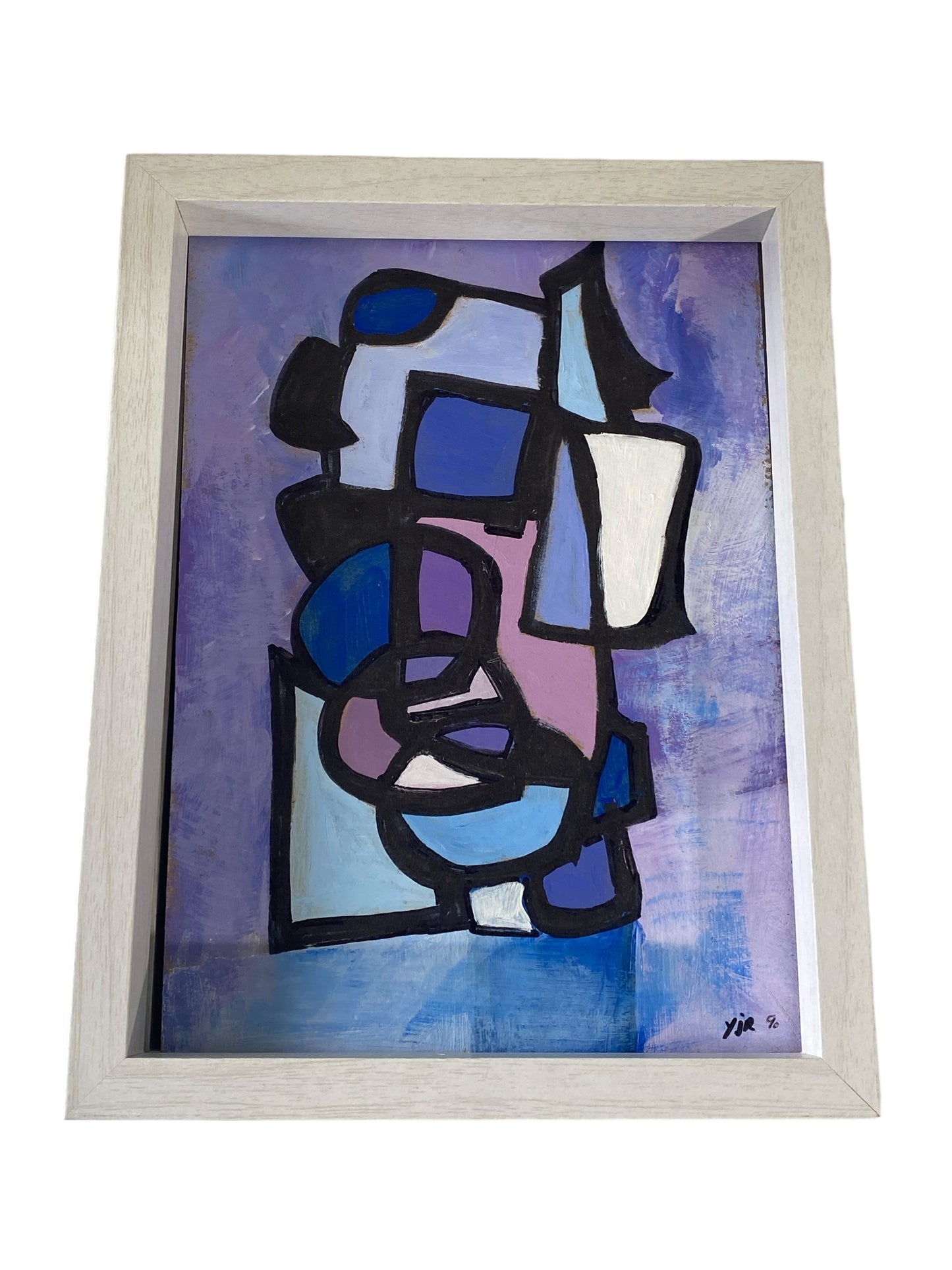 #7162  YJR Abstract Acrylic on Paper Titled les fenêtres Framed 8.5" H