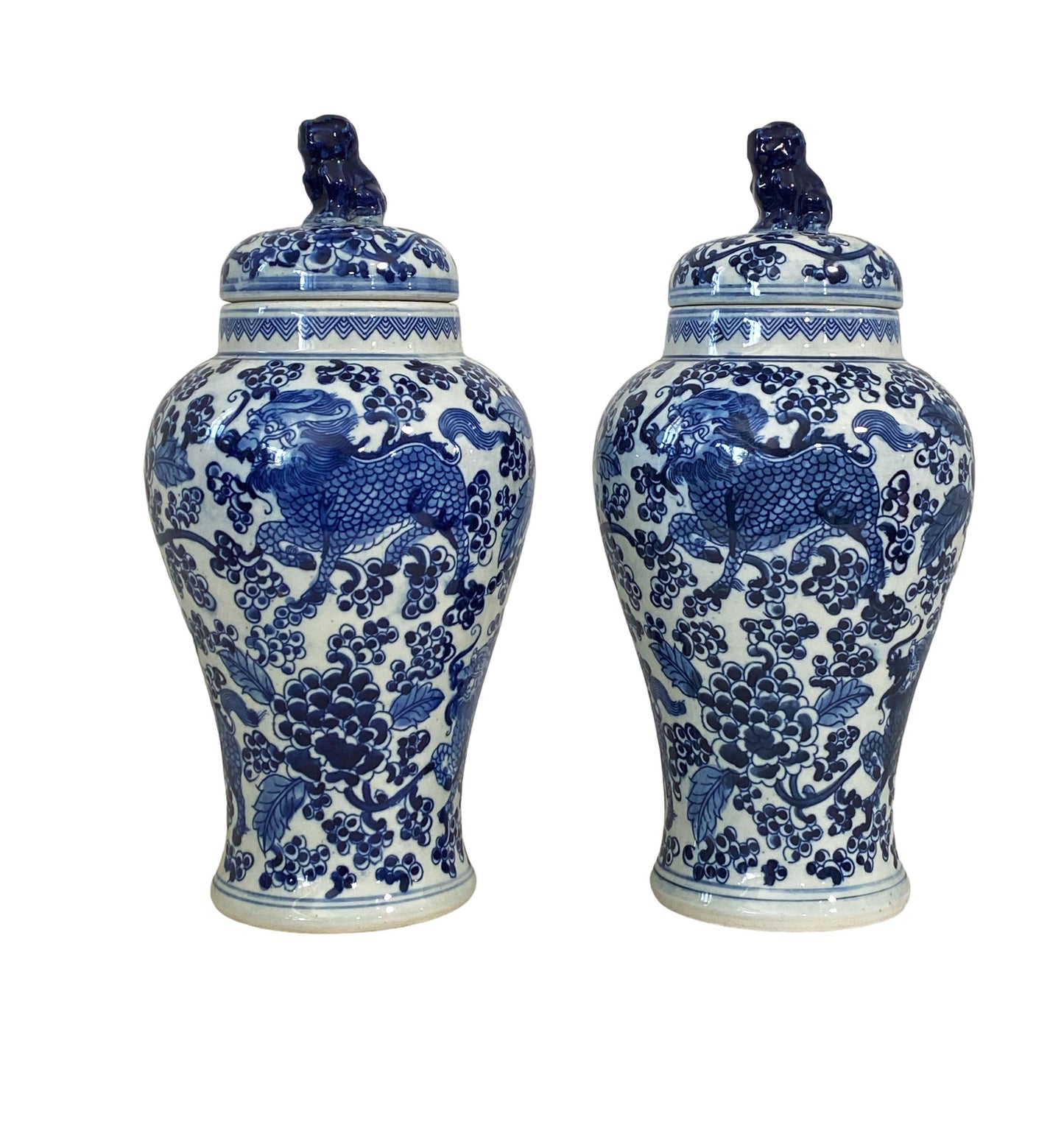 #7257 Chinoiserie Blue and White Porcelain Covered Jars w/ foo Dogs 12.5" H
