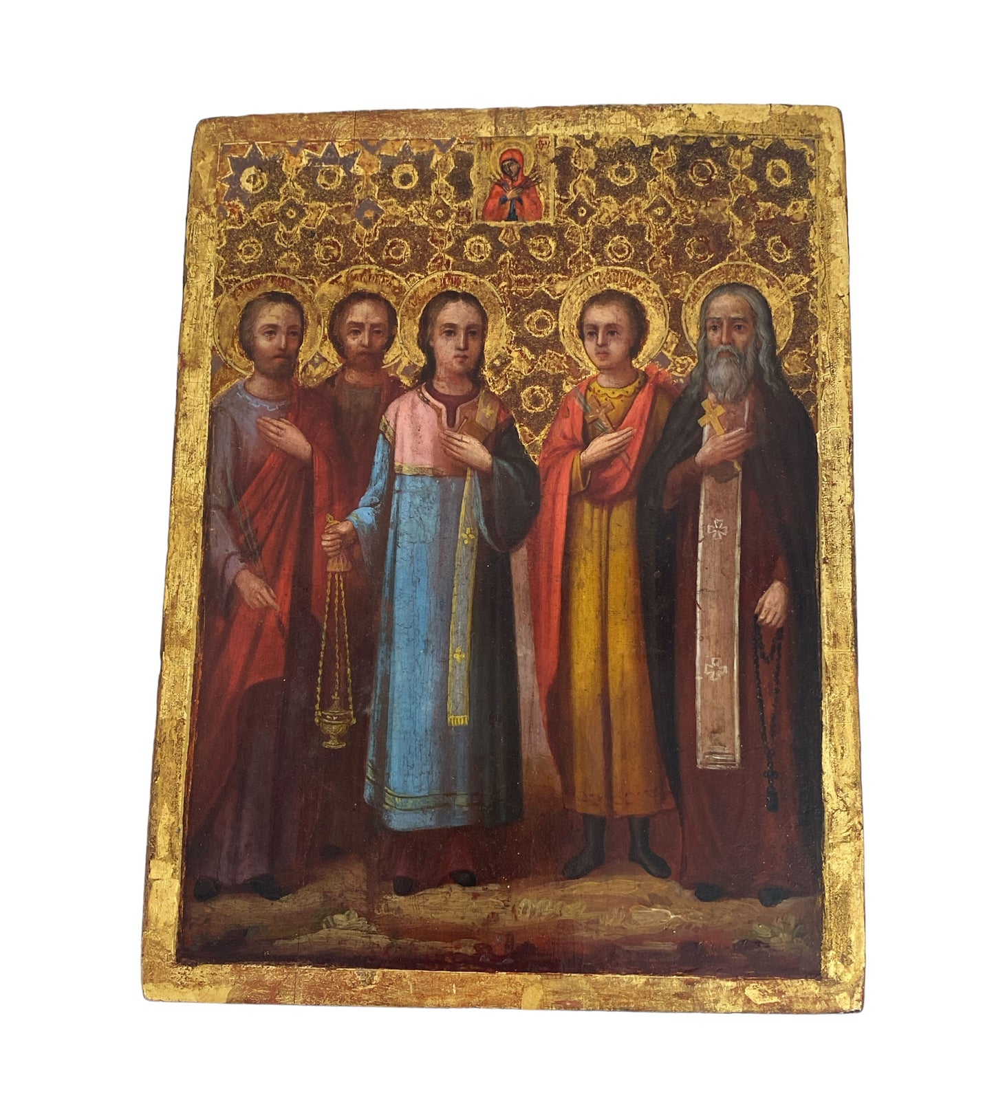 #6131 Antique Russian Icon Of Five Saints and the mother of God 9" H