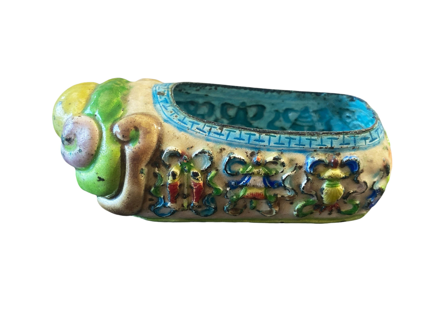 #6181 Antique Chinoiserie Colorful Enamels On Brass Mini Shoe 3.5" W