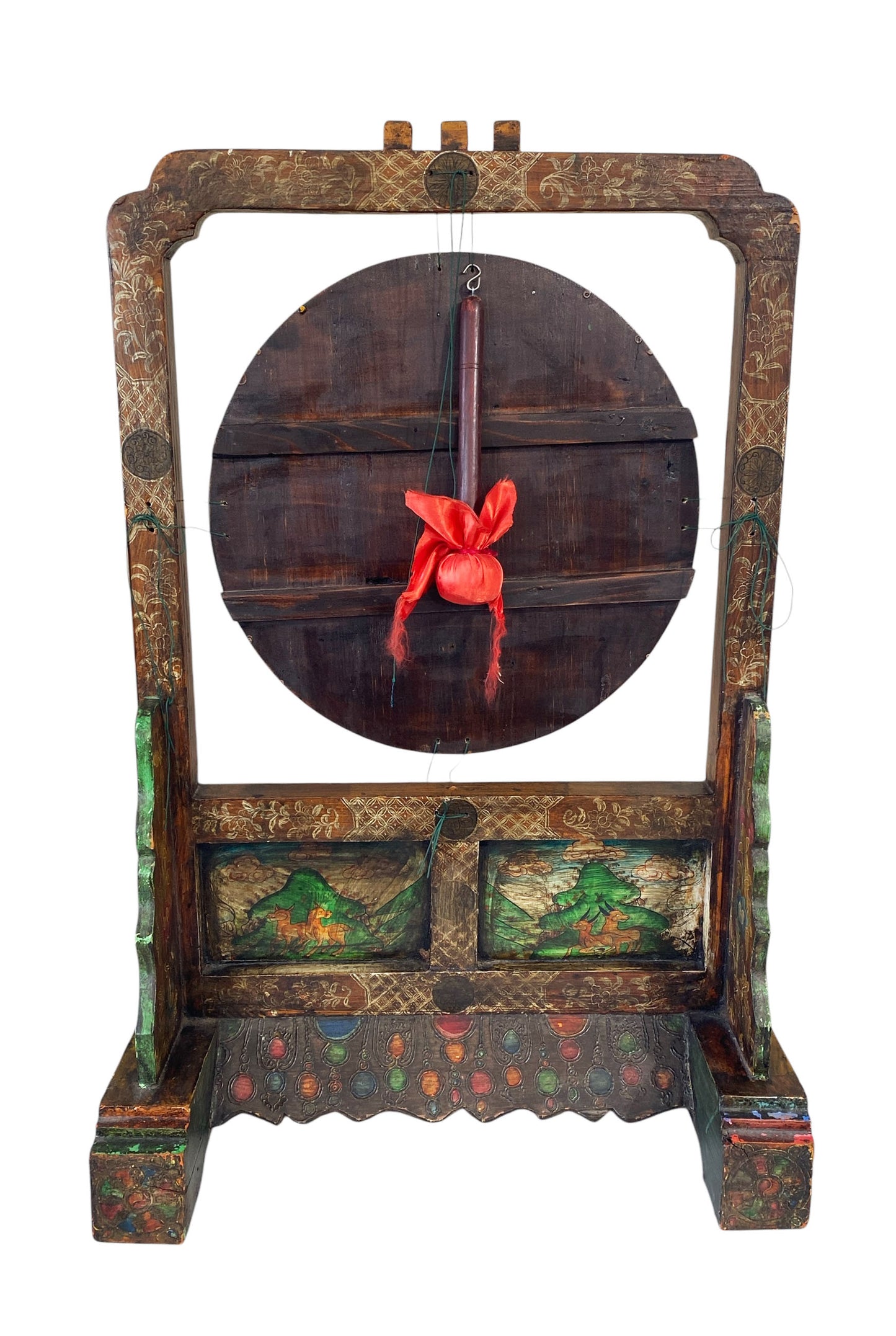 #6081 Large Tibetan Wood Gong On stand with Mallet striker 32.5" H