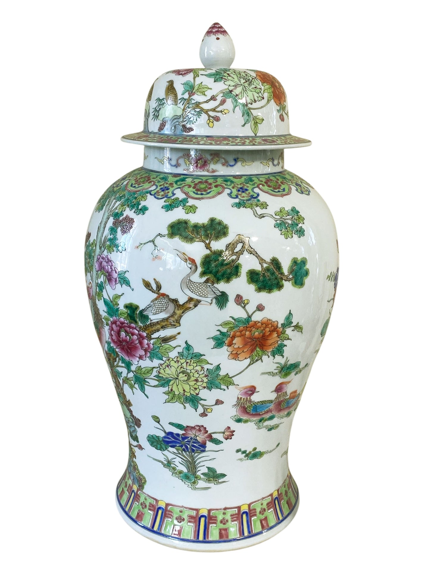#3201 Vintage LG Chinoiserie Famille Rose Porcelain Ginger Jar 24" H