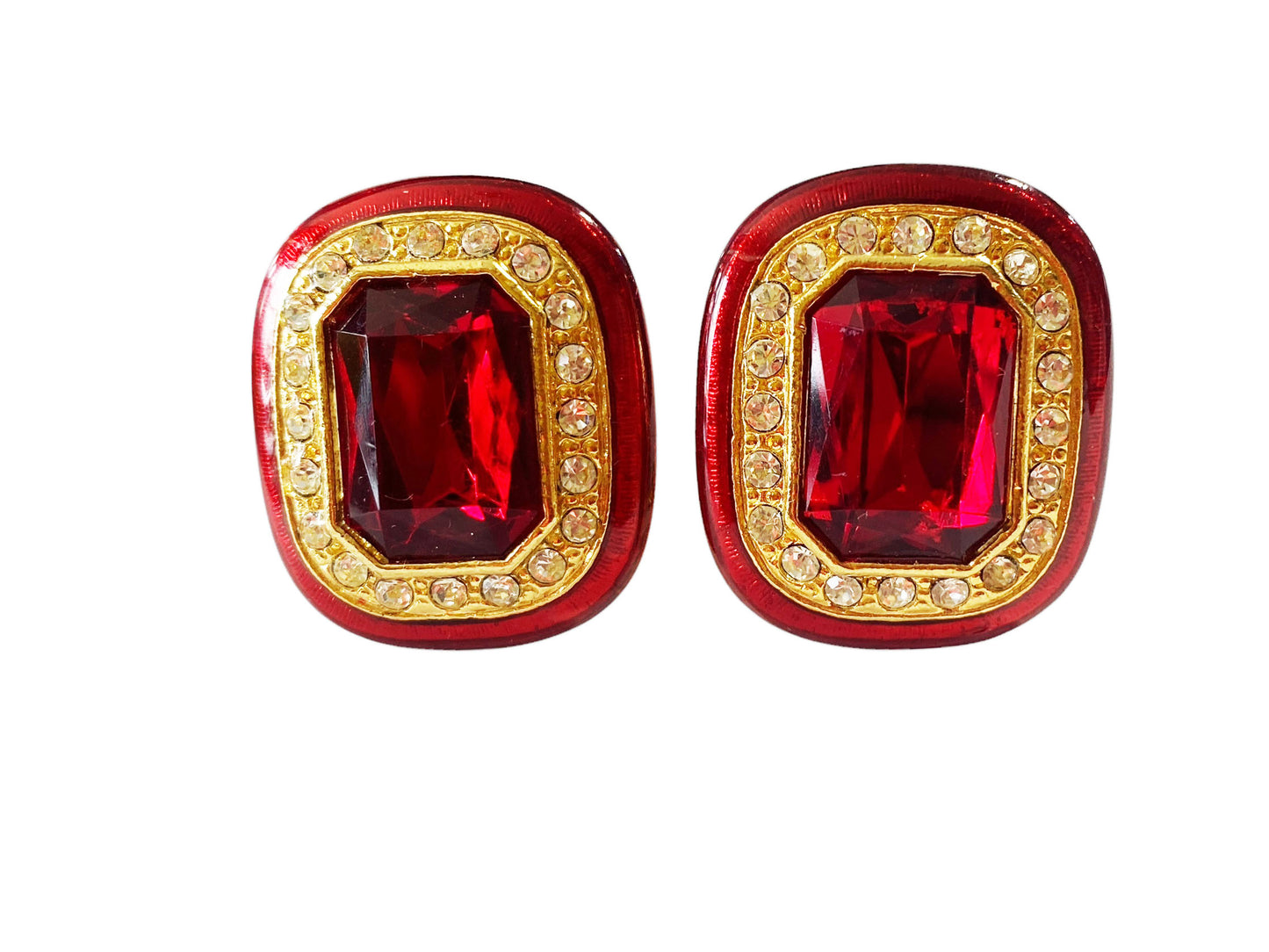 #6393 Vintage Red Enamel And Faux Ruby /Clear Rhinestone Clip on Earrings