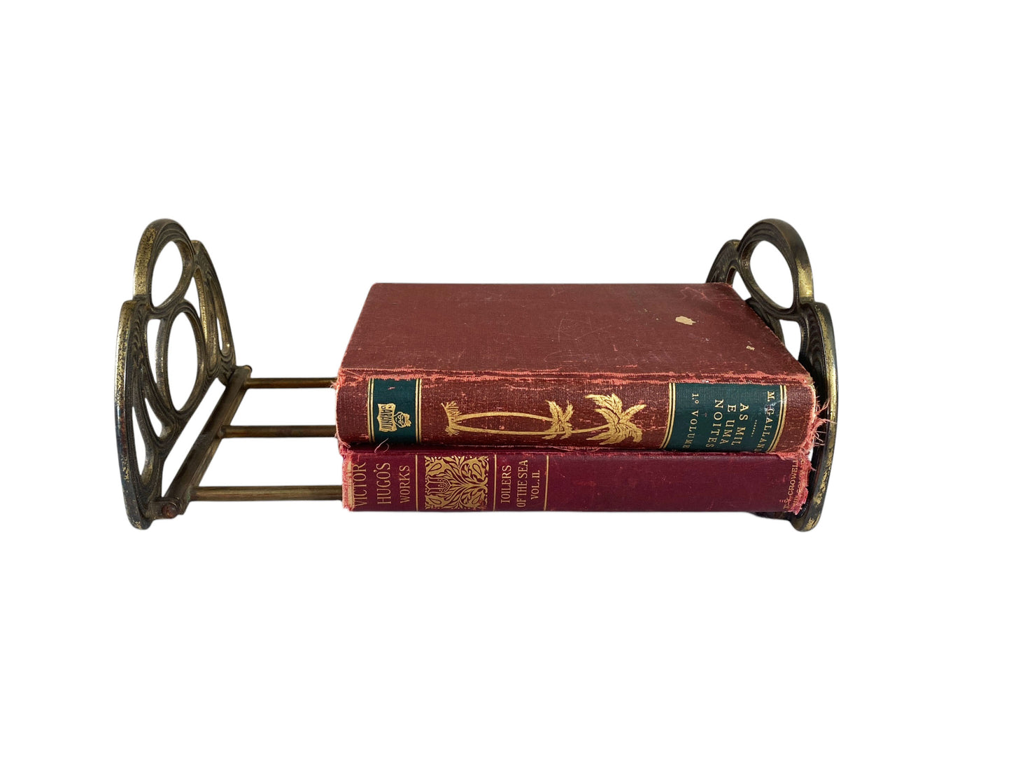 #6423 Vintage Art Deco Brass Expanding Folding Book Rack Holder Adjustable Sliding 13”-22”