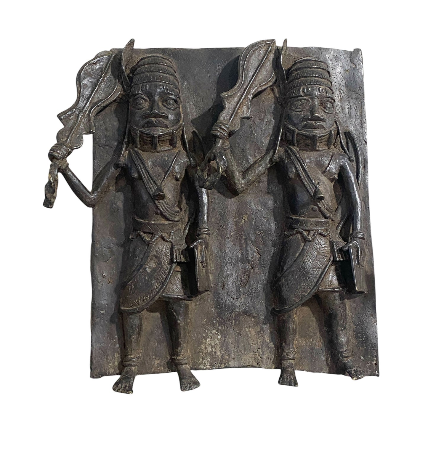 #3877 Vintage  Large African Benin Bronze Plaque W/ Warriors 18.25" H