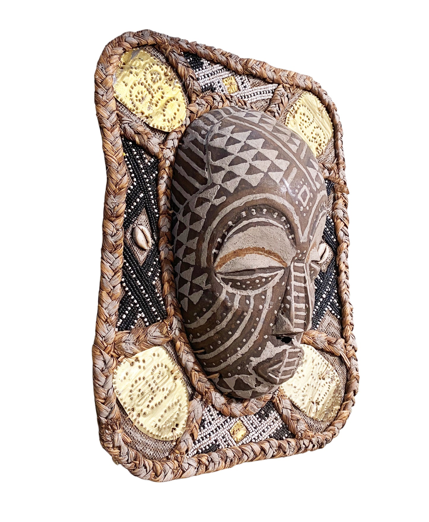#6806 Vintage African Art Hand Carved Beaded Kuba Mask 13.5" H