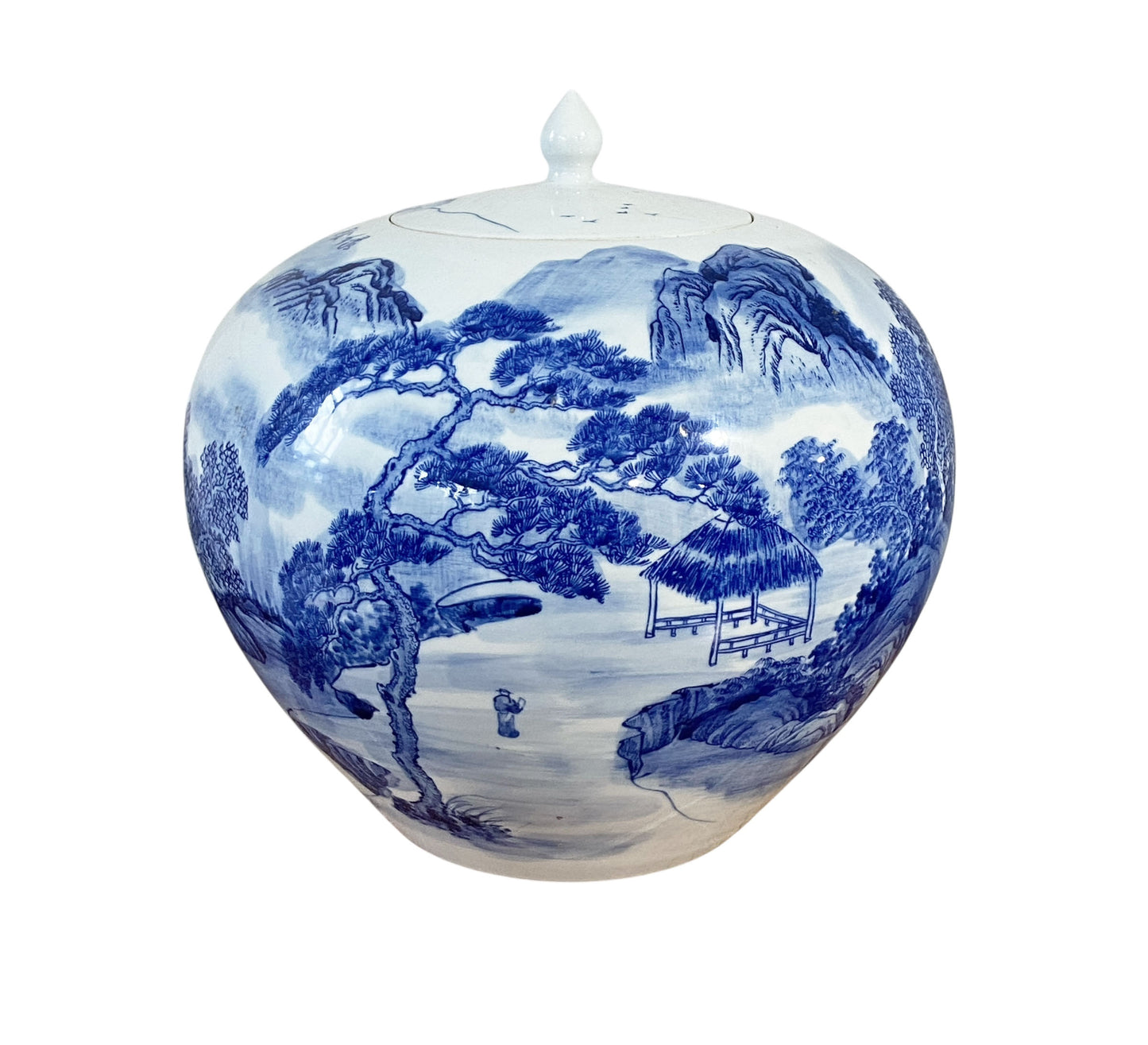 #6761 Vintage Chinoiserie B & W Porcelain Ginger Jar W/Scenery 12" H