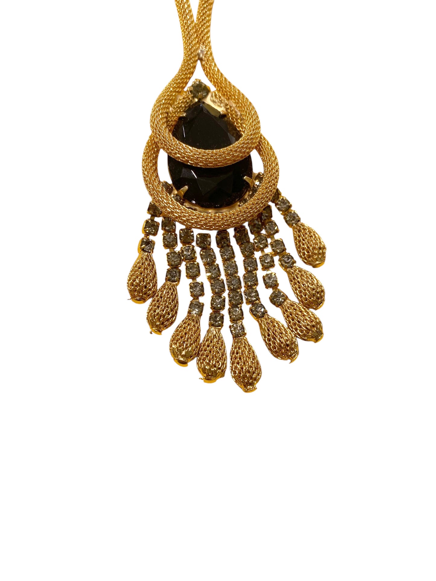 #14 Vintage Gold-tone Mesh Chain W/Black Faceted Pendant Stone Necklace