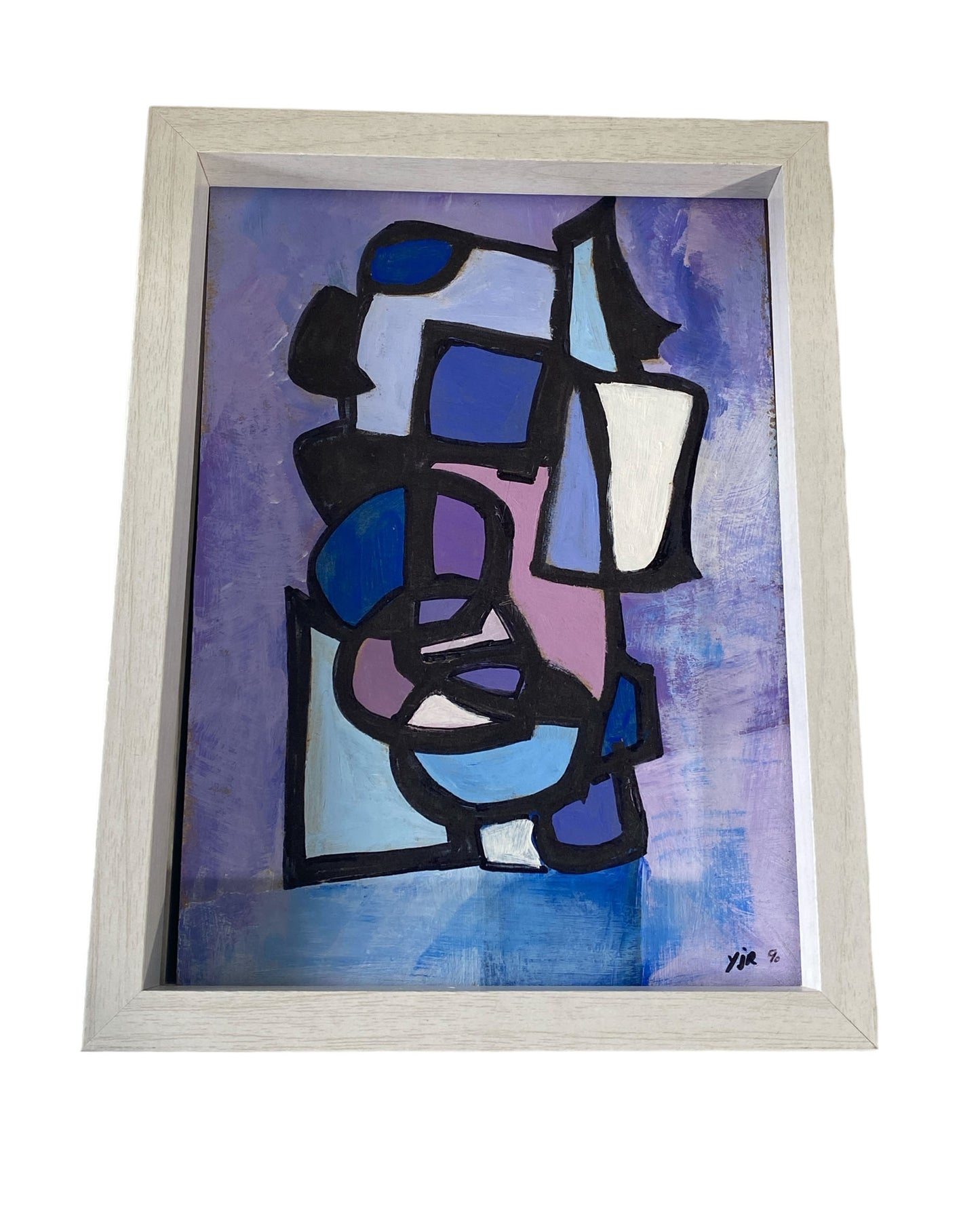 #7162  YJR Abstract Acrylic on Paper Titled les fenêtres Framed 8.5" H