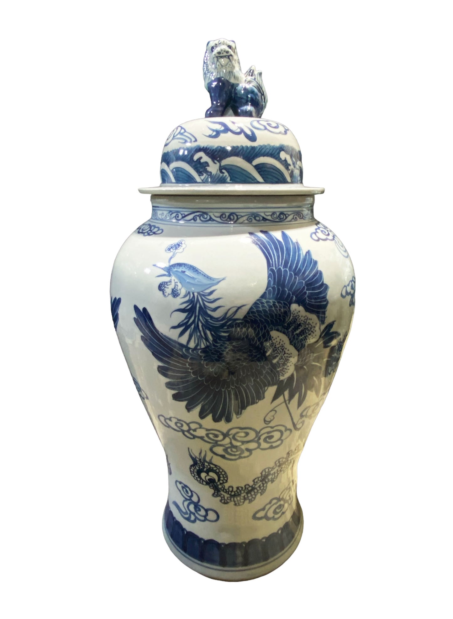 #7198 Large Chinoiserie Porcelain Ginger Peacocks Jar 37" H