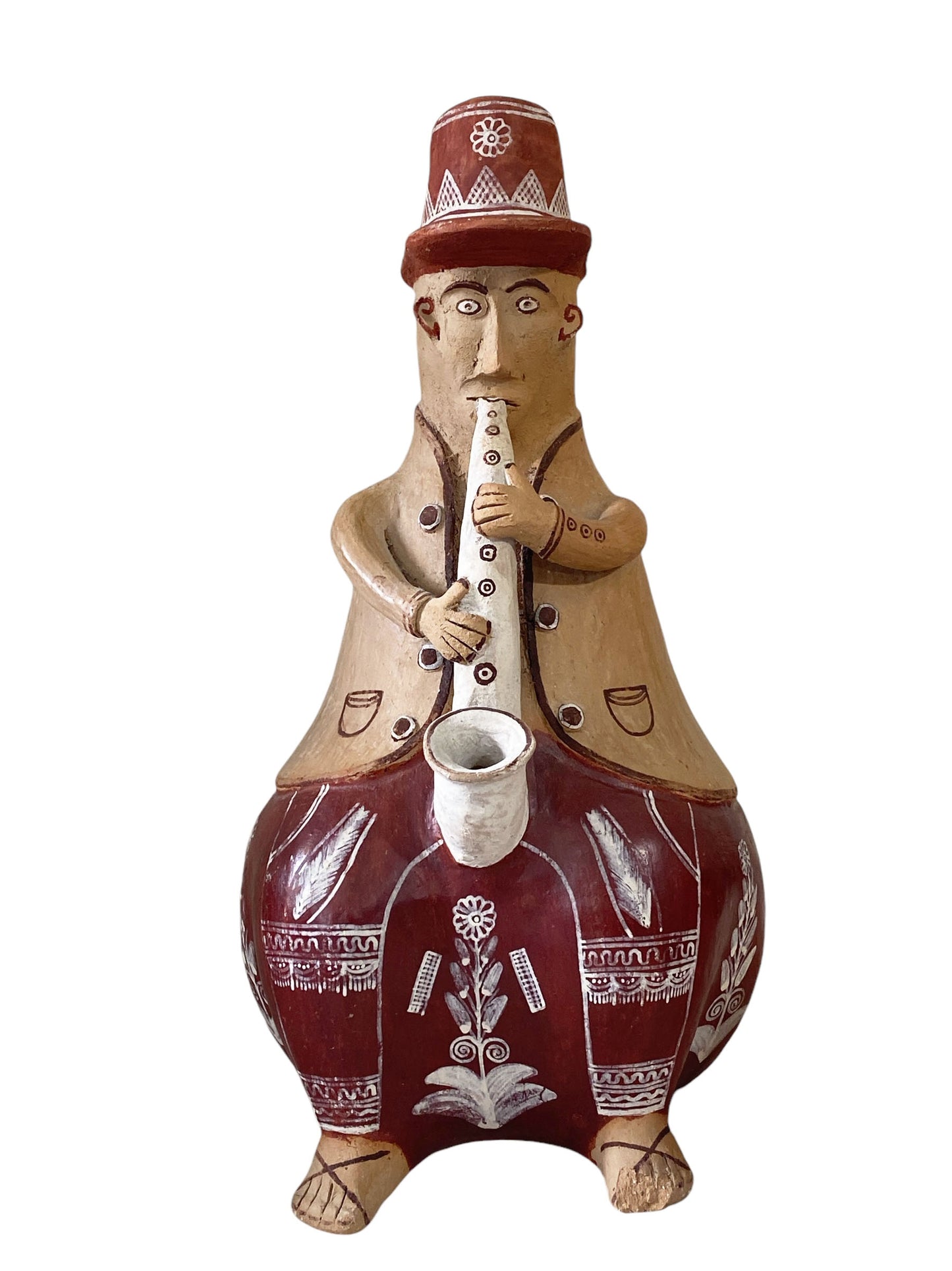 #6237 Peruvian Folk Art Clay Figurine Musician playing saxophone 15" H