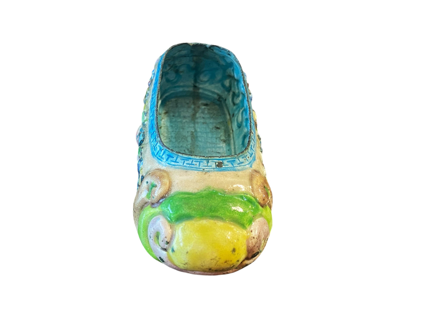 #6181 Antique Chinoiserie Colorful Enamels On Brass Mini Shoe 3.5" W