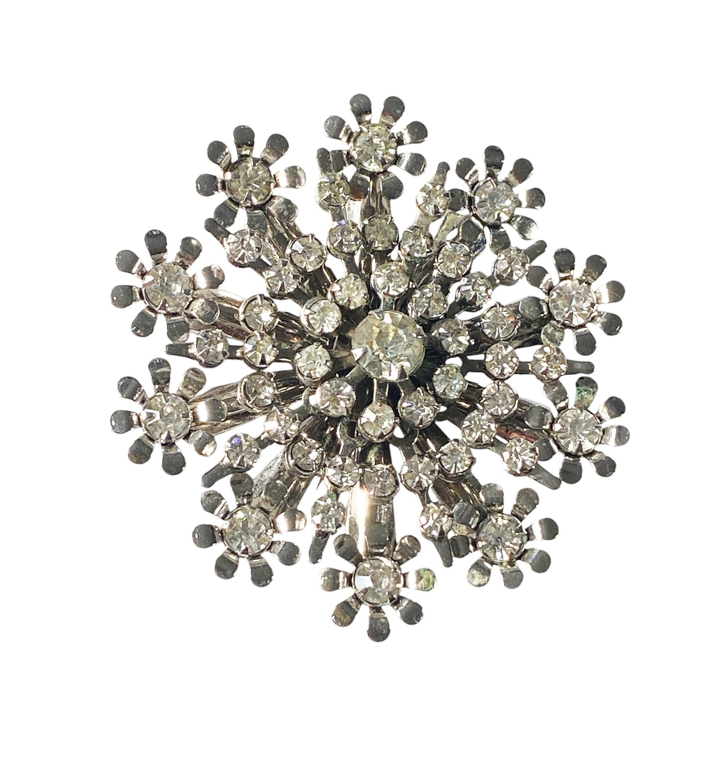 #6280 Vintage Silver Tone Diamanté Clear Rhinestone Starburst Snowflake Pin Brooch