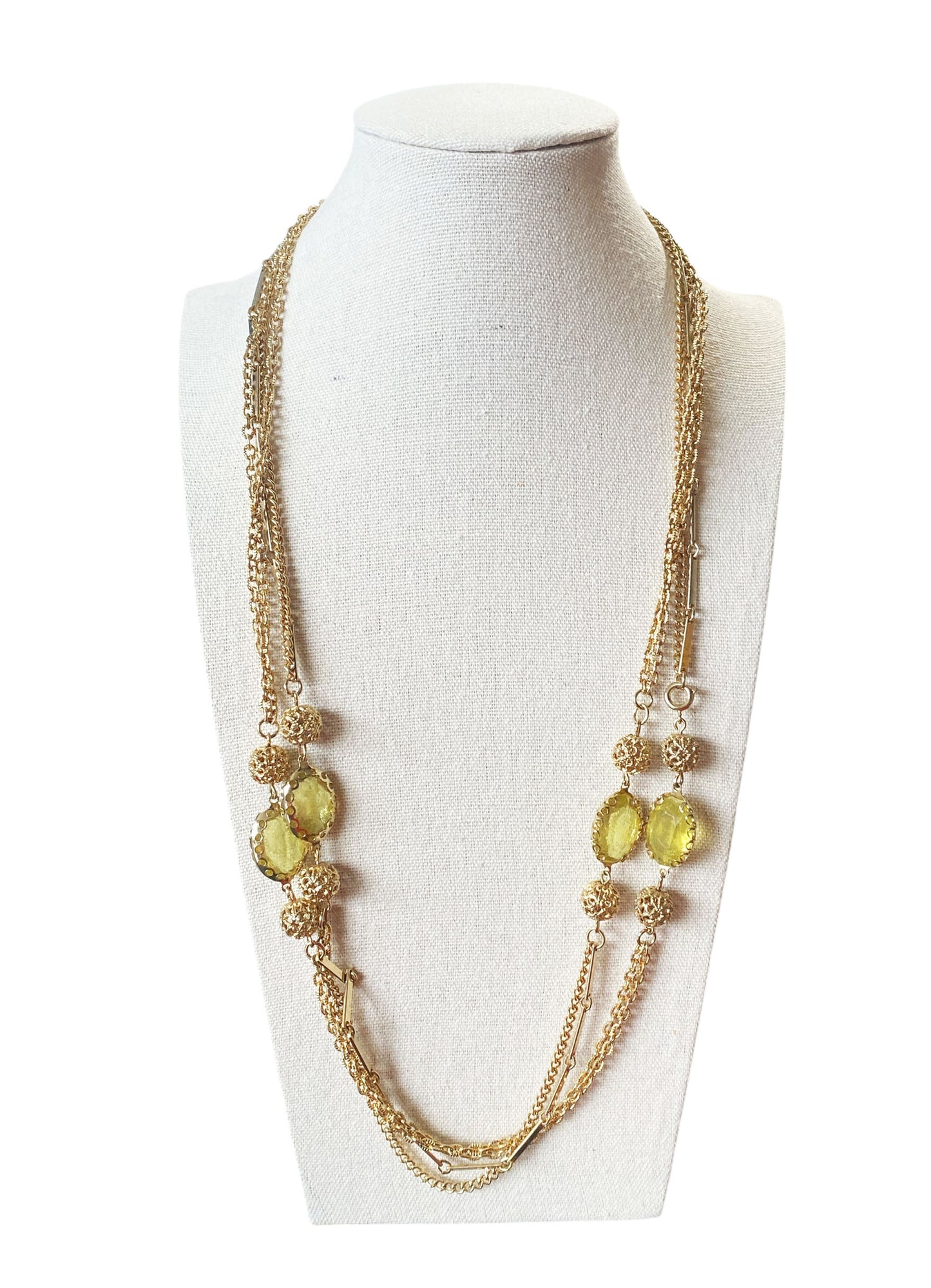 #6392 Vintage Gold tone and Greens Faux Citrine Long Necklace 26" H