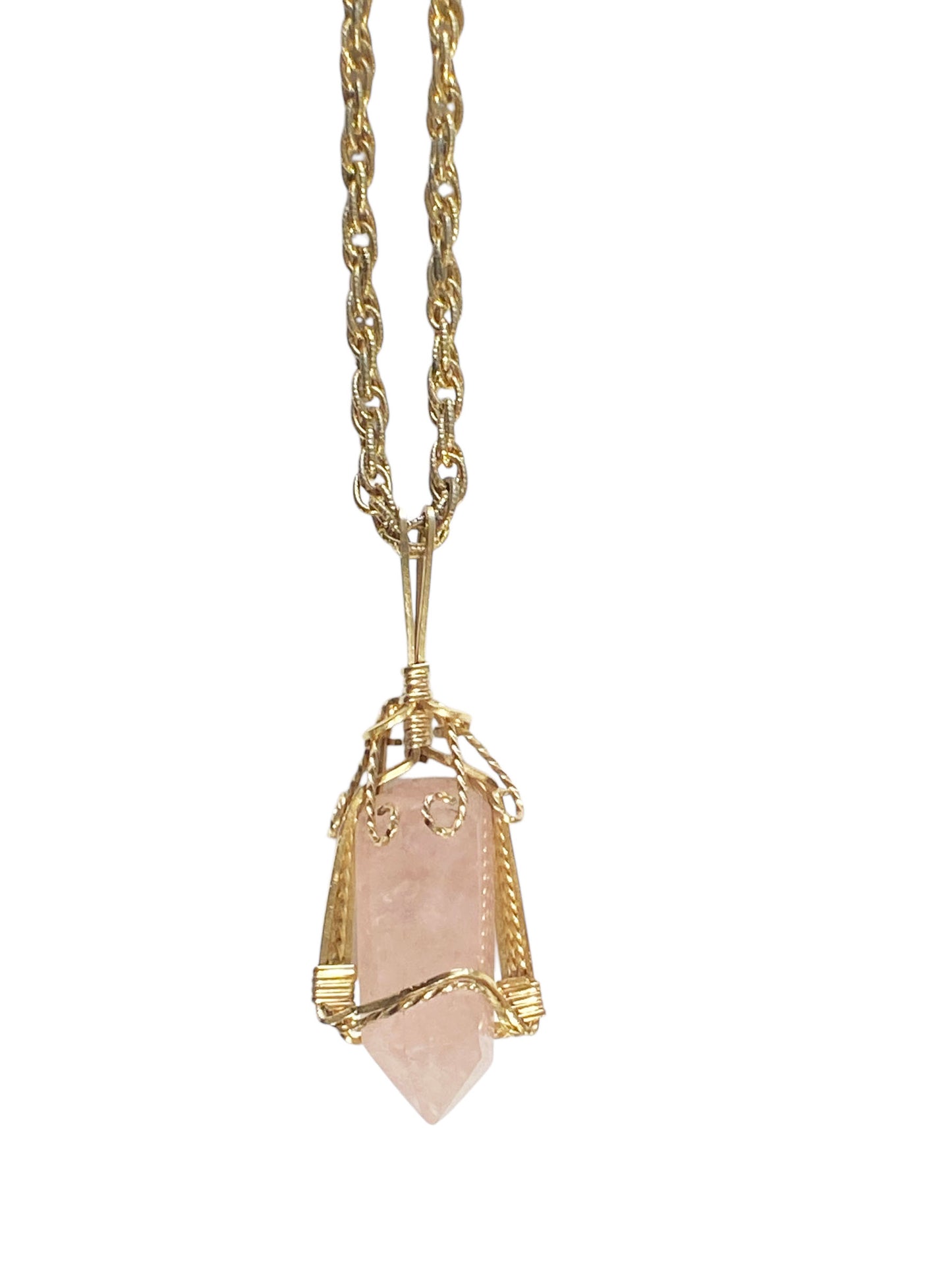 #6427 Vintage Rose Quartz Pendant with Gold tone Chain 14" H