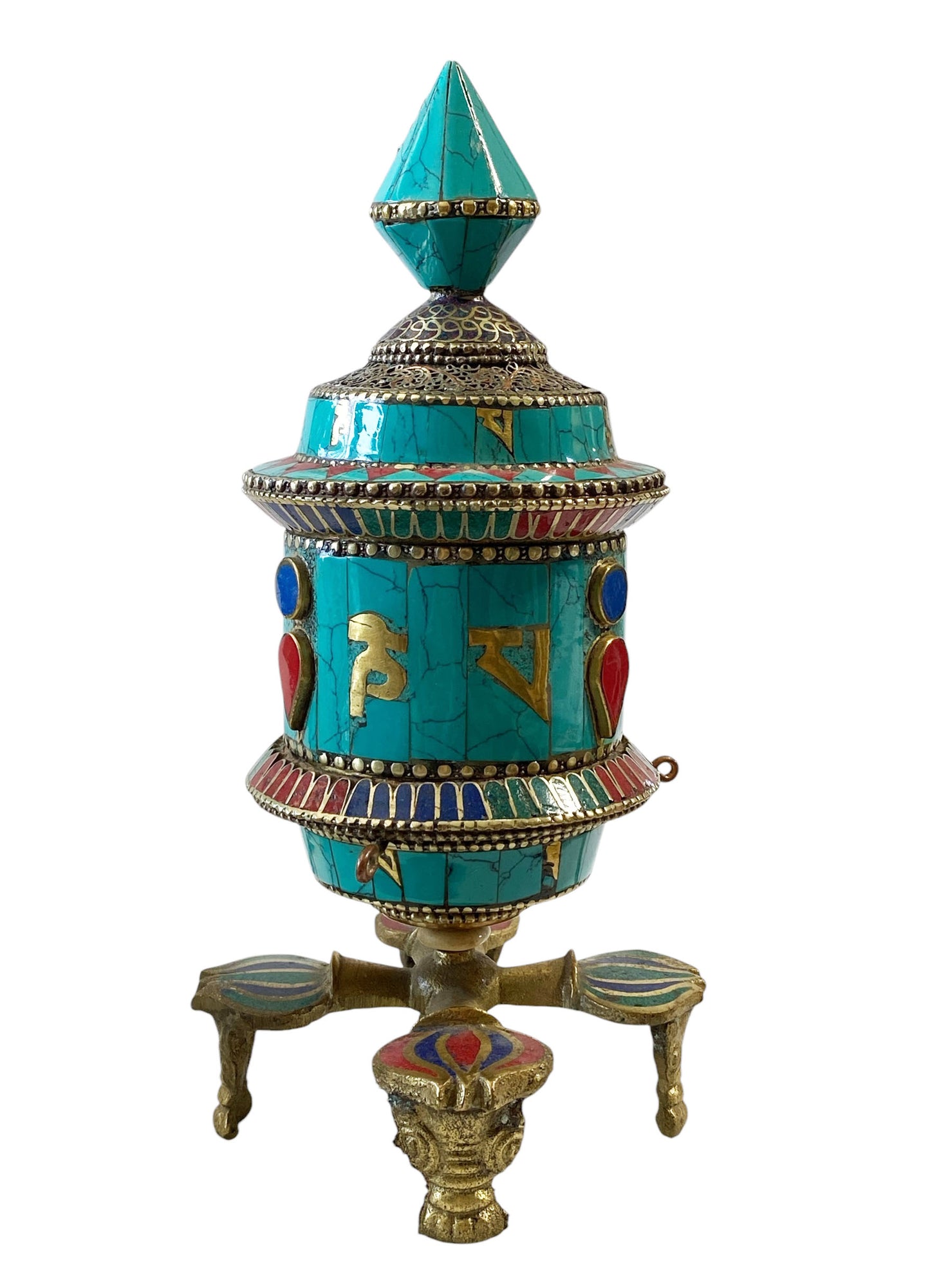 #1379 Nepalese Brass W/ Turquoise/Coral/Lapis Stones Table Top Prayer Wheel