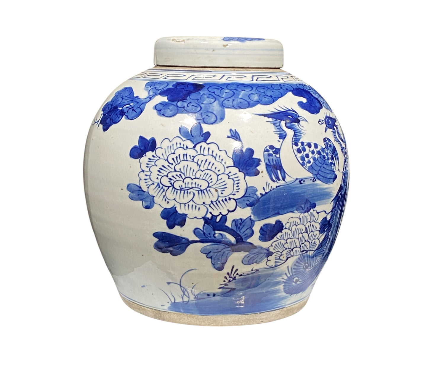 #2319 Vintage Chinese LG B & W Phoenix Porcelain Ginger Jar 11.5"