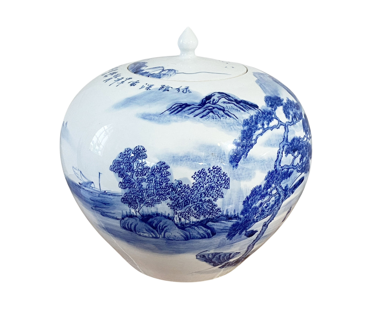 #6761 Vintage Chinoiserie B & W Porcelain Ginger Jar W/Scenery 12" H