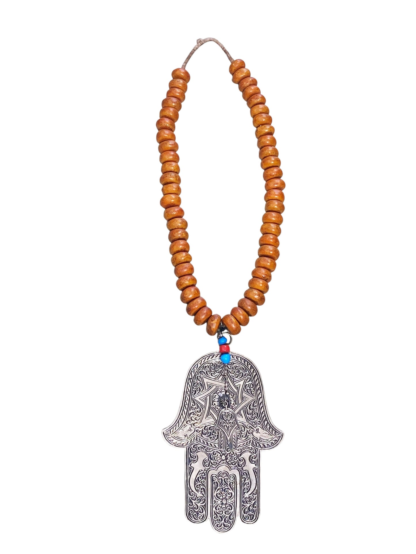 #4557 Vintage Amber necklace W / Moroccan Silver Hamsa / Hand Of Fatima 30.5" H