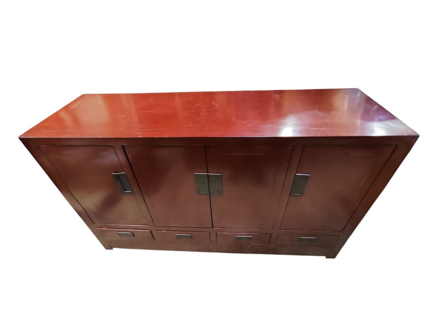 #399 Vintage Chinoiserie Dark Red Lacquer Finish Chest 37.5" H by 63" W