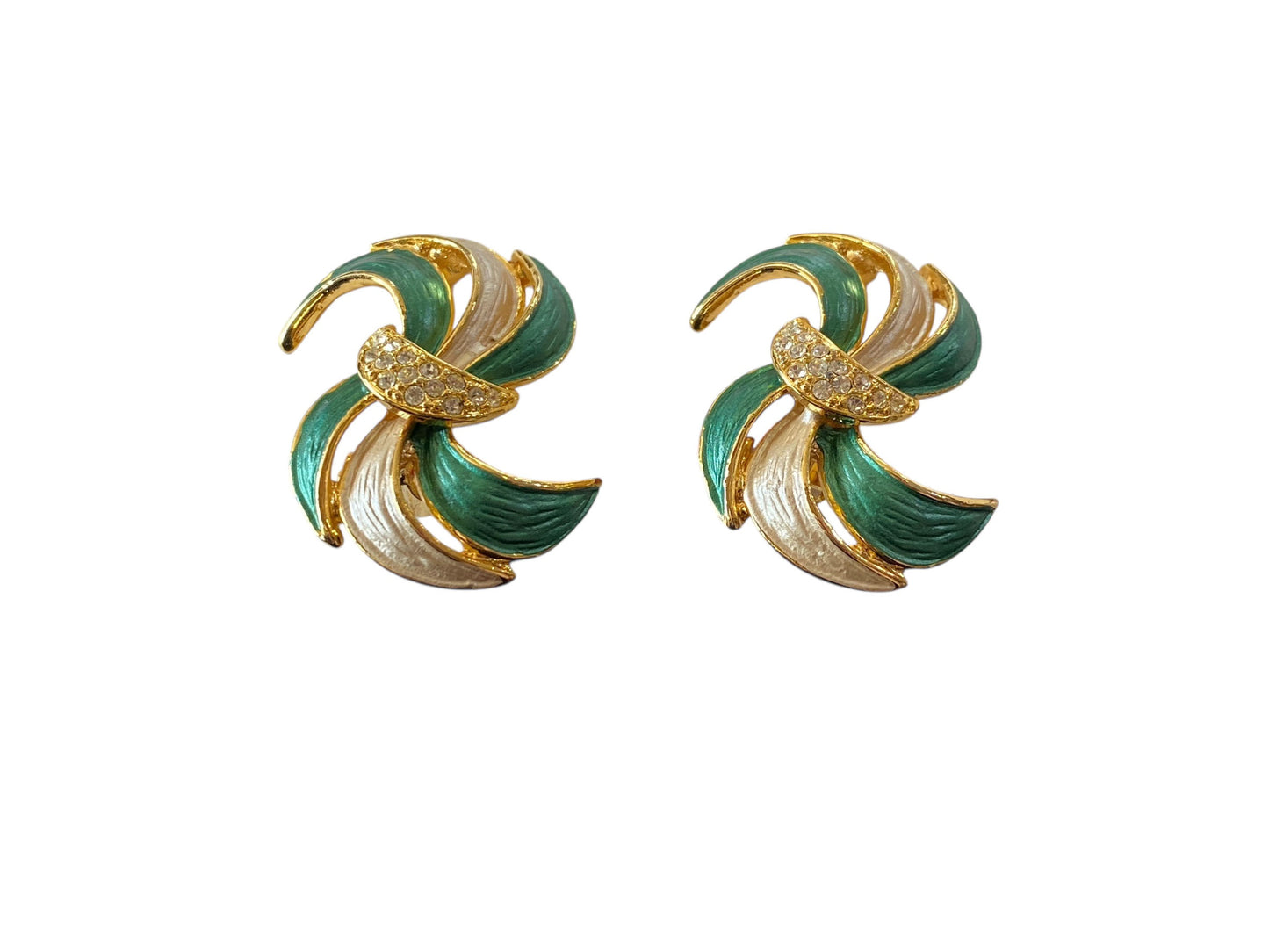 #18 Vintage set of a Brooch Pin & Earrings Gold Tone with enamel Leaf Feather
