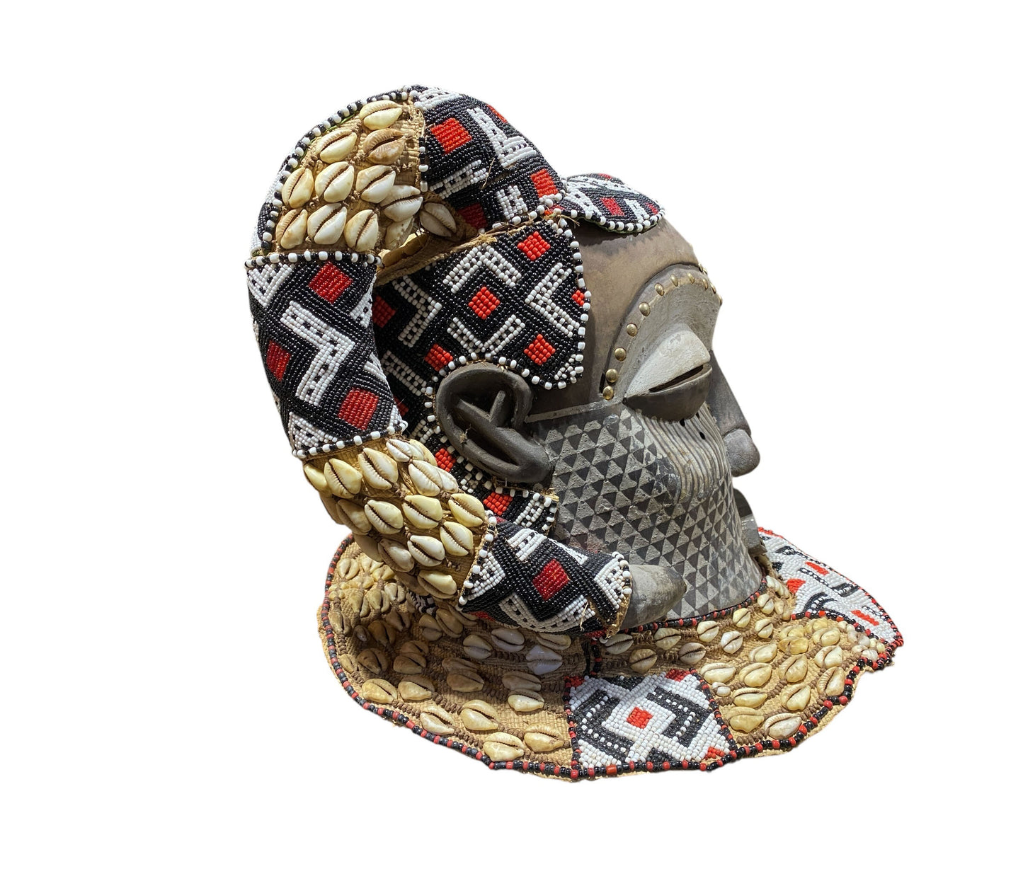#681 Vintage Large African Tribal Kuba Royal Head Mask Congo 14" H