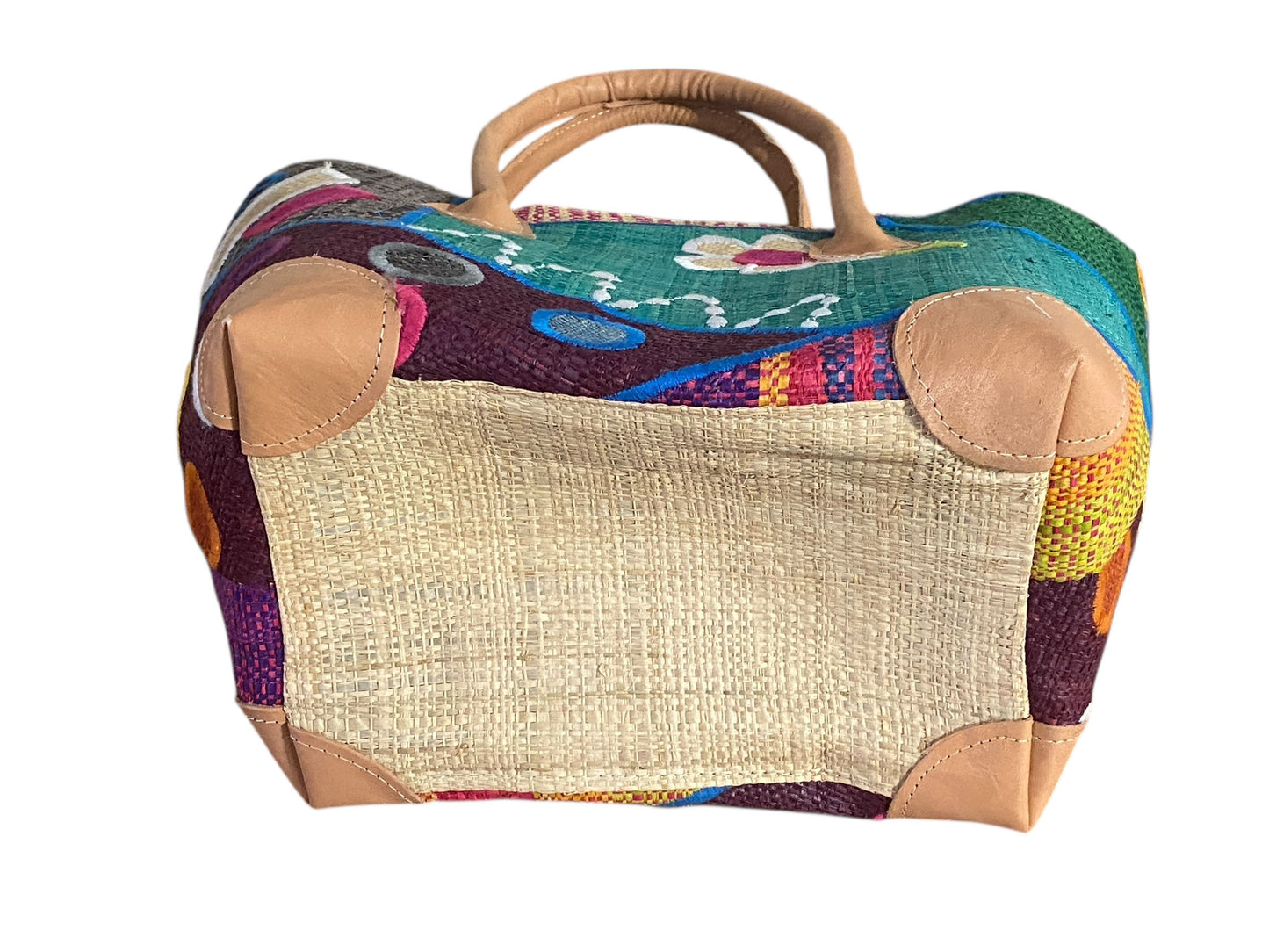 #98 Sewn & Embroidered Raffia /leather Tote Bag Madagascar