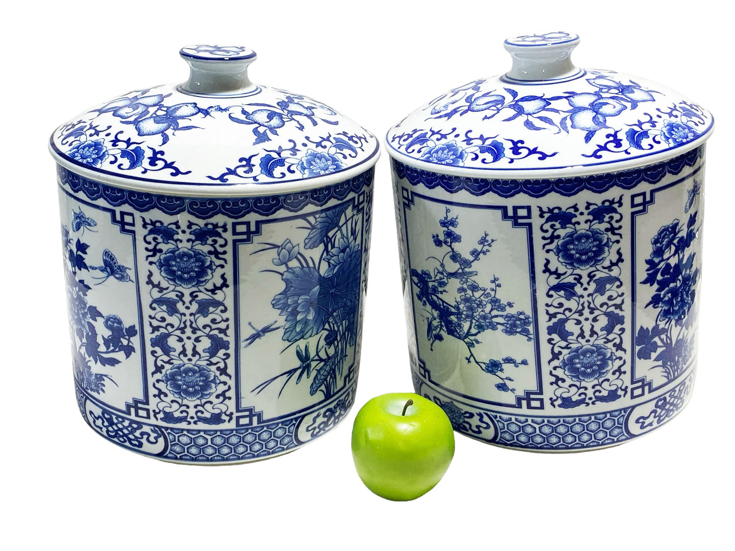 #7247 Large Chinoiserie Blue and White Ginger Jars Pair 12" H