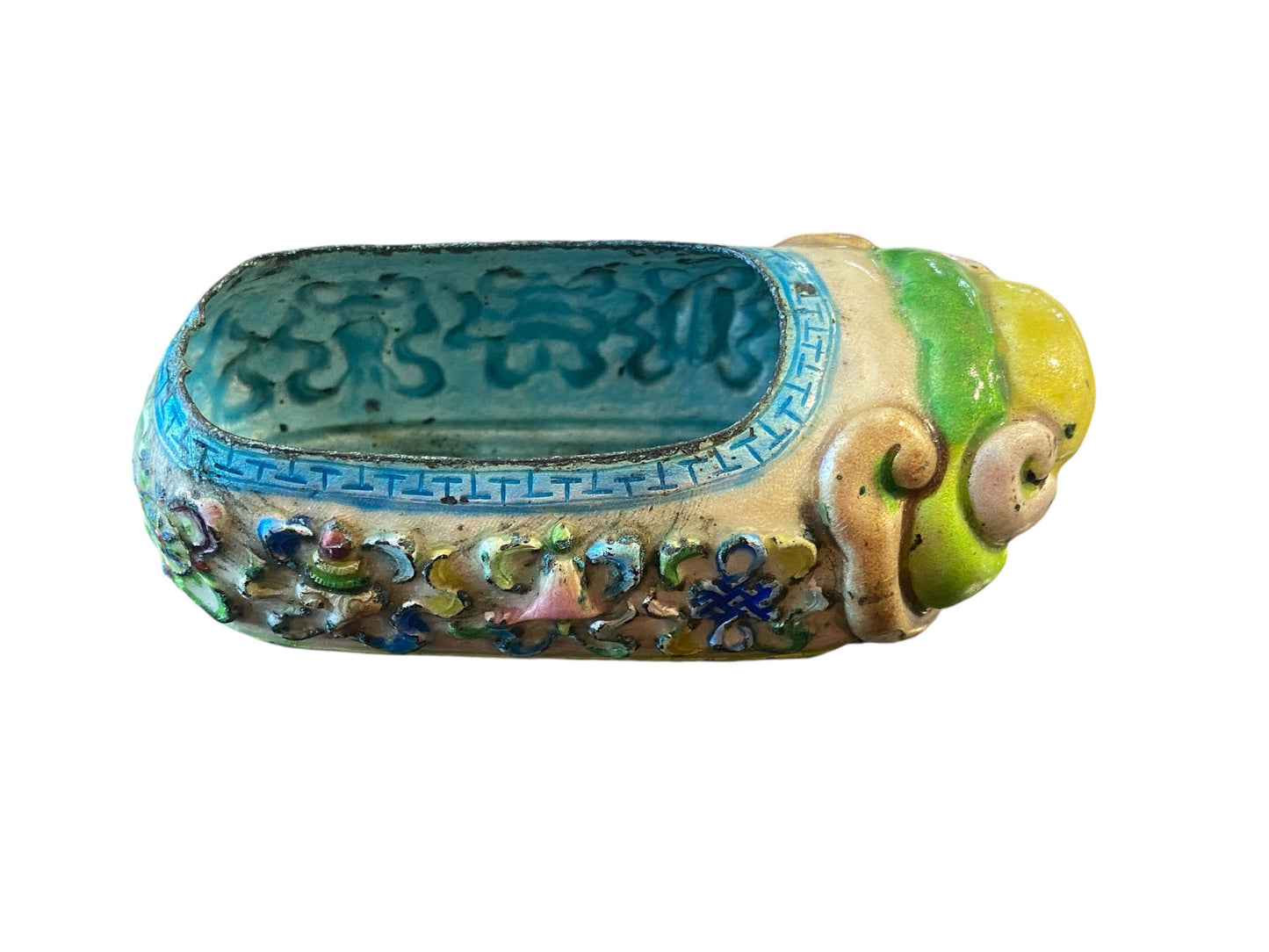 #6181 Antique Chinoiserie Colorful Enamels On Brass Mini Shoe 3.5" W