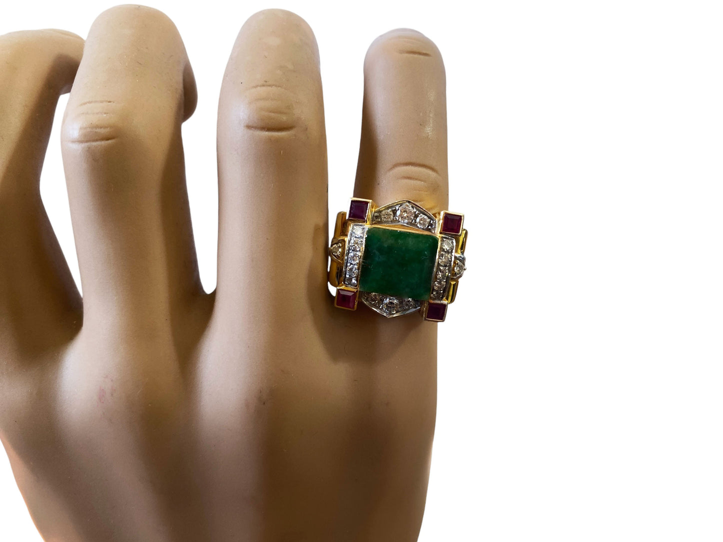 #6281 Art Deco 22K Gold ring w/jade /ruby/Diamond size 7
