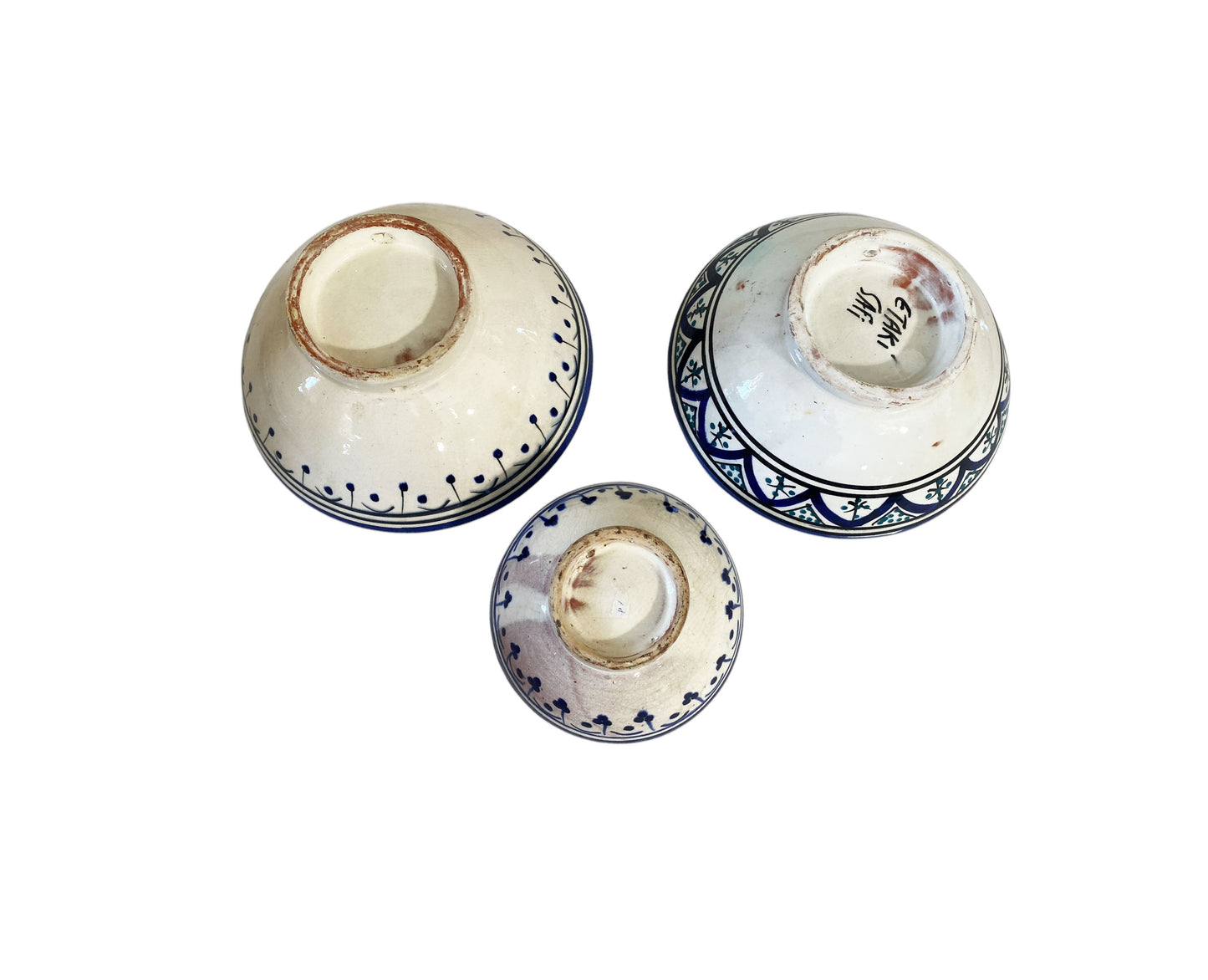 #6347 Vintage Moroccan Set of Three Ceramic Bowls with Geometric Design