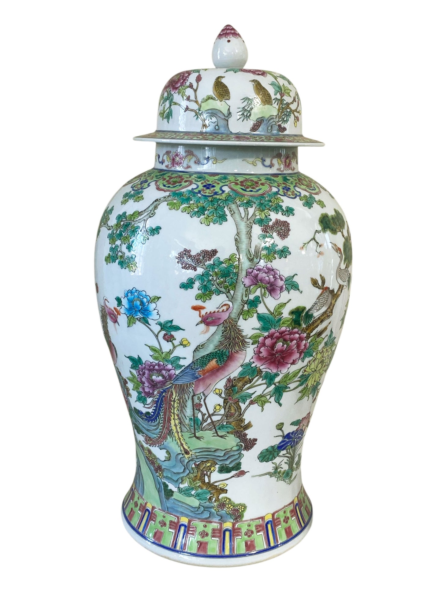 #3201 Vintage LG Chinoiserie Famille Rose Porcelain Ginger Jar 24" H